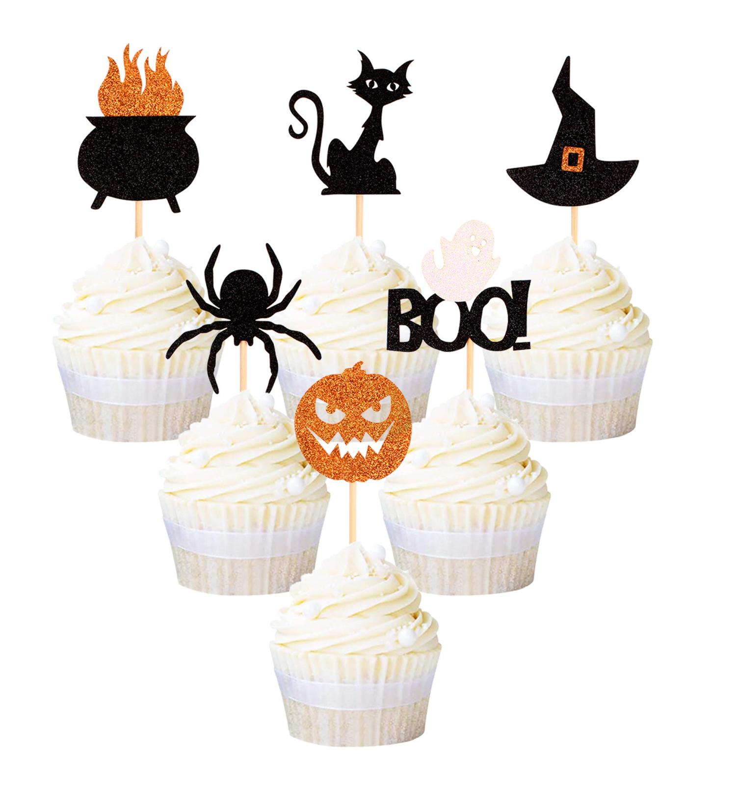 36 Pack Halloween Cupcake Toppers - Witch Hat, Spider, Pumpkin, Ghost, Cat Cupcake Picks - Ideal for Baby Showers, Birthdays, Halloween Parties - Cake Decor Supplies (Pattern 1) - Buy Online on SooperMarket.com
