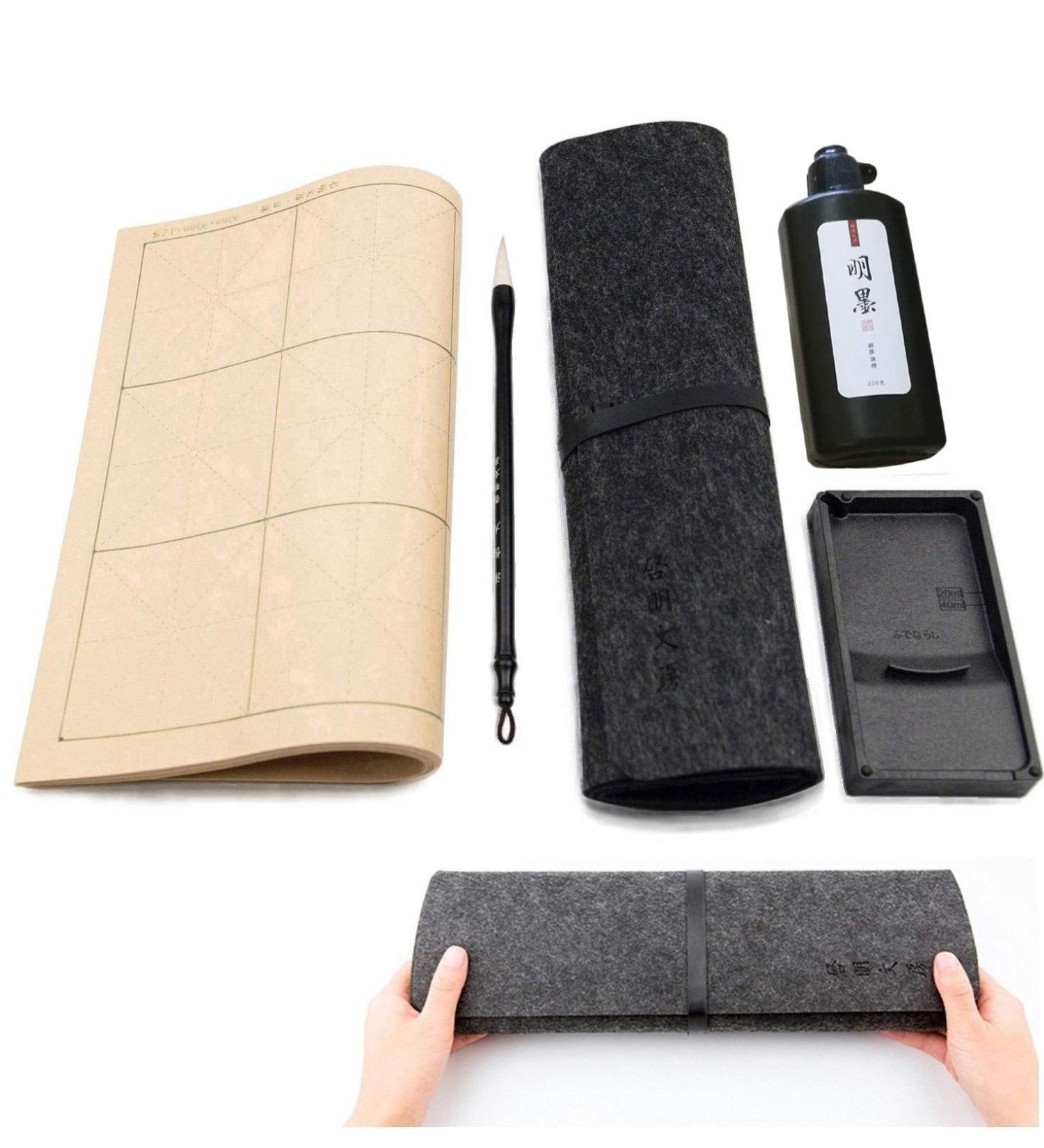 Qiming Wenfang Chinese Calligraphy Brush Set with Portable Roll-up Mat - 5pcs Set (9cm) - Buy Online on SooperMarket.com