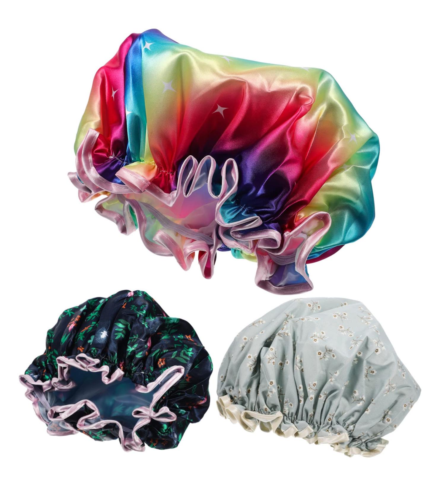 3-Piece FRCOLOR Double-Layer Satin Shower Cap Set for Women - Water-Proof, Breathable & Stylish Hair Protection - Buy Online on SooperMarket.com