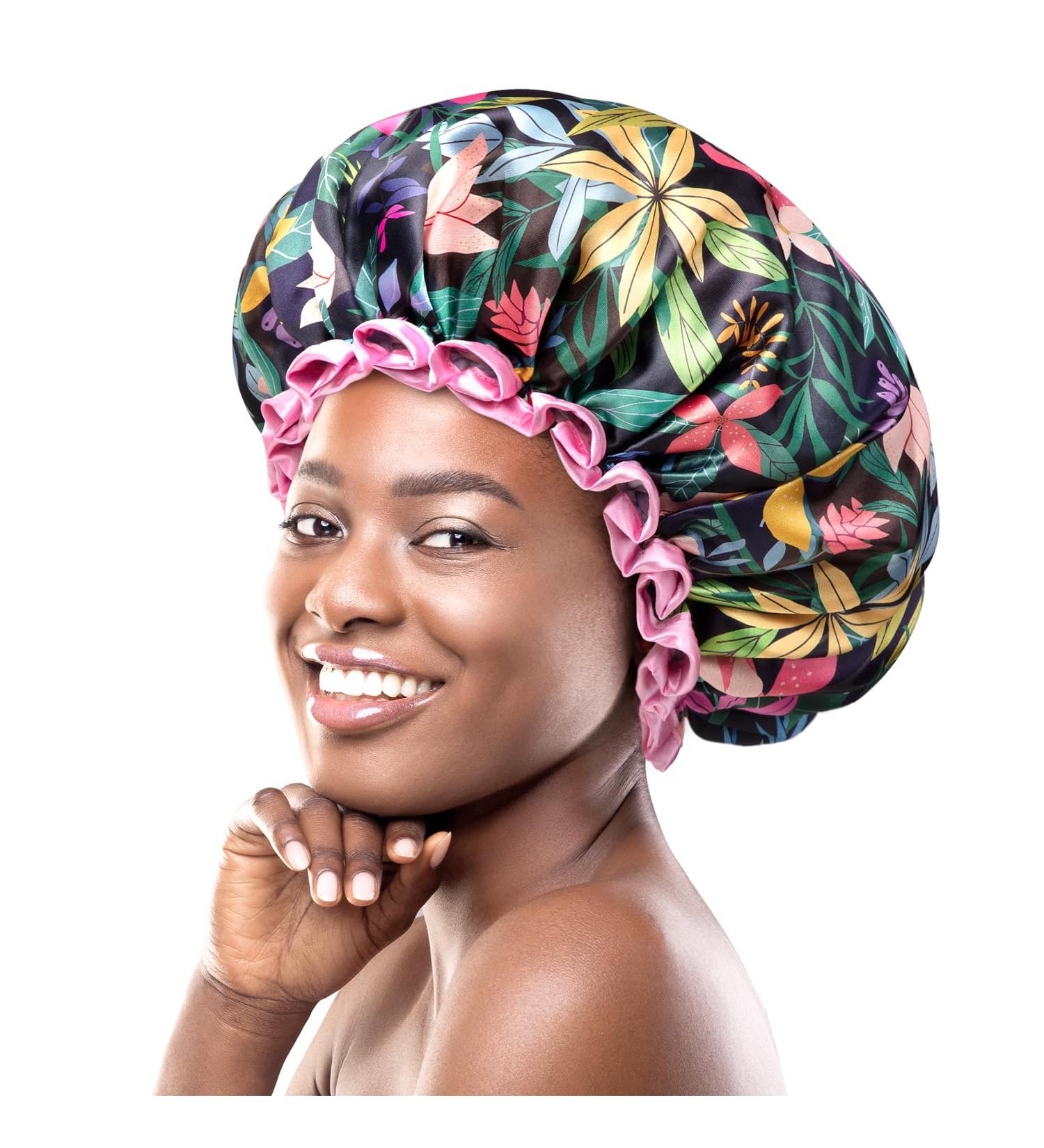 Mikimini Large Rainforest Shower Hood for Women | Pink Lace Waterproof XL Shower Cap for Long Hair | Reusable Bath Accessory - Buy Online on SooperMarket.com