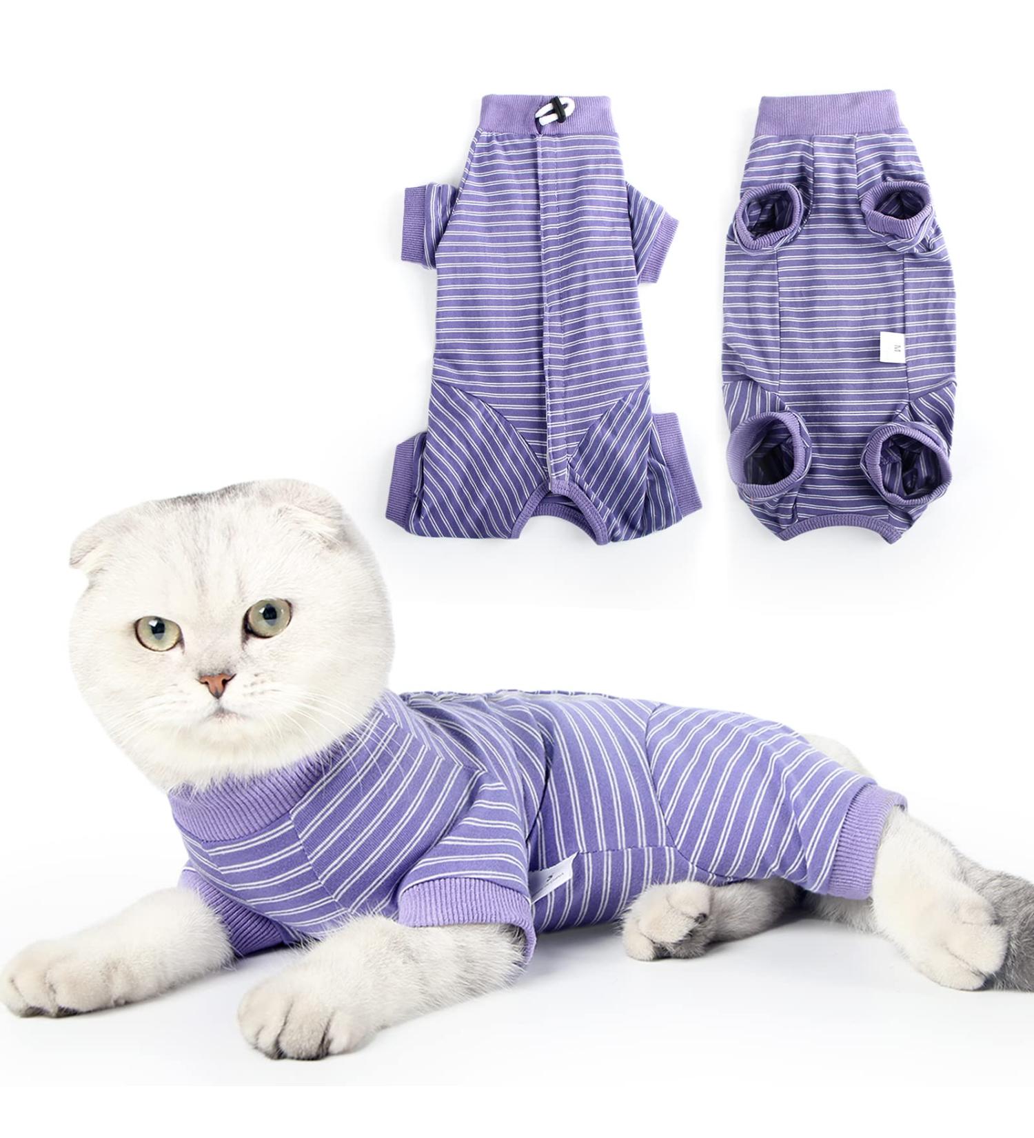 HEYWEAN Cat Recovery Suit - M Purple Stripes | Post-Surgery Bodysuit for Cats | Cone Collar Alternative & Surgical Shirt - Buy Online on SooperMarket.com