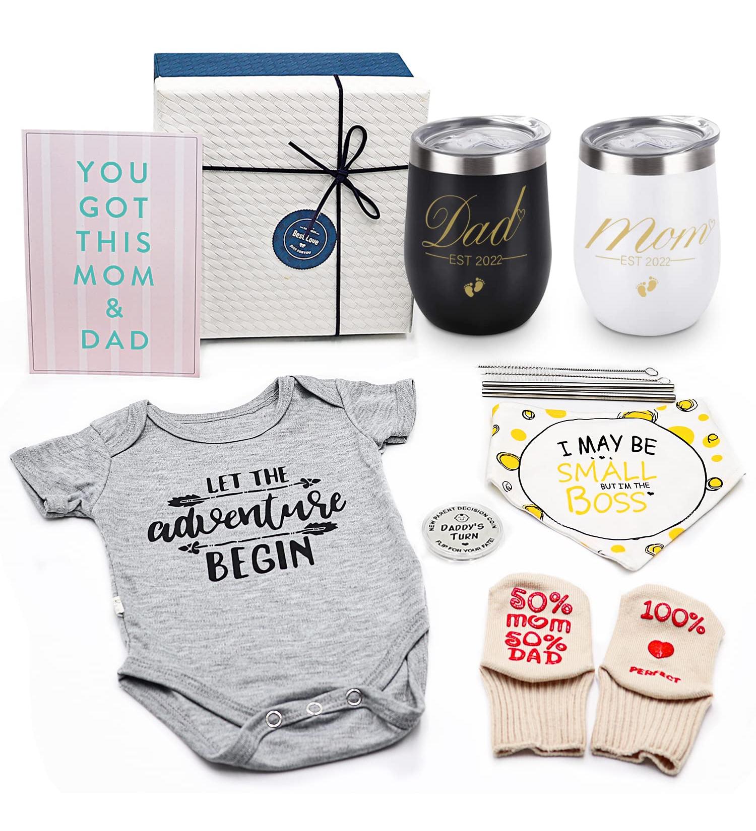 Pregnancy Gifts for First Time Moms Dad  Mommy and Daddy Est 2022 Stainless Steel Wine Tumbler Set with Onesie Baby Socks Drool Bib and Decision Coin - Top New Parents Gifts Idea for Gender Reveal - Buy Online on SooperMarket.com
