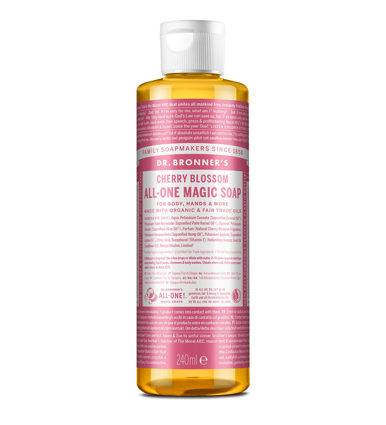 Dr. Bronner's 18-in-1 Cherry Blossom Pure-Castile Liquid Soap - 240ml | Made with Organic Oils | Face, Body, Hair, Laundry, Pets, Dishes | Fair Trade & Vegan | Recycled Bottle - Buy Online on SooperMarket.com