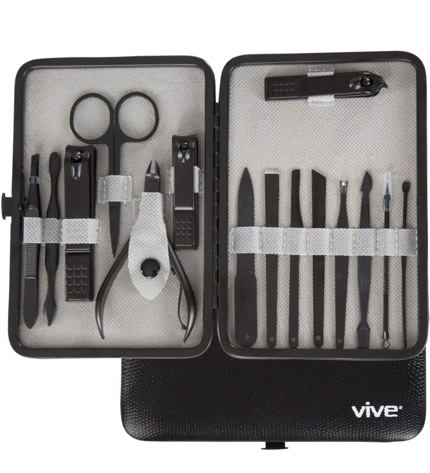 Vive Nail Clipper Set (15 Piece) - Manicure and Pedicure Tools for Men and Women - Includes File, Cuticle Trimmer, Tweezers, and Ear Pick - Black - Buy Online on SooperMarket.com
