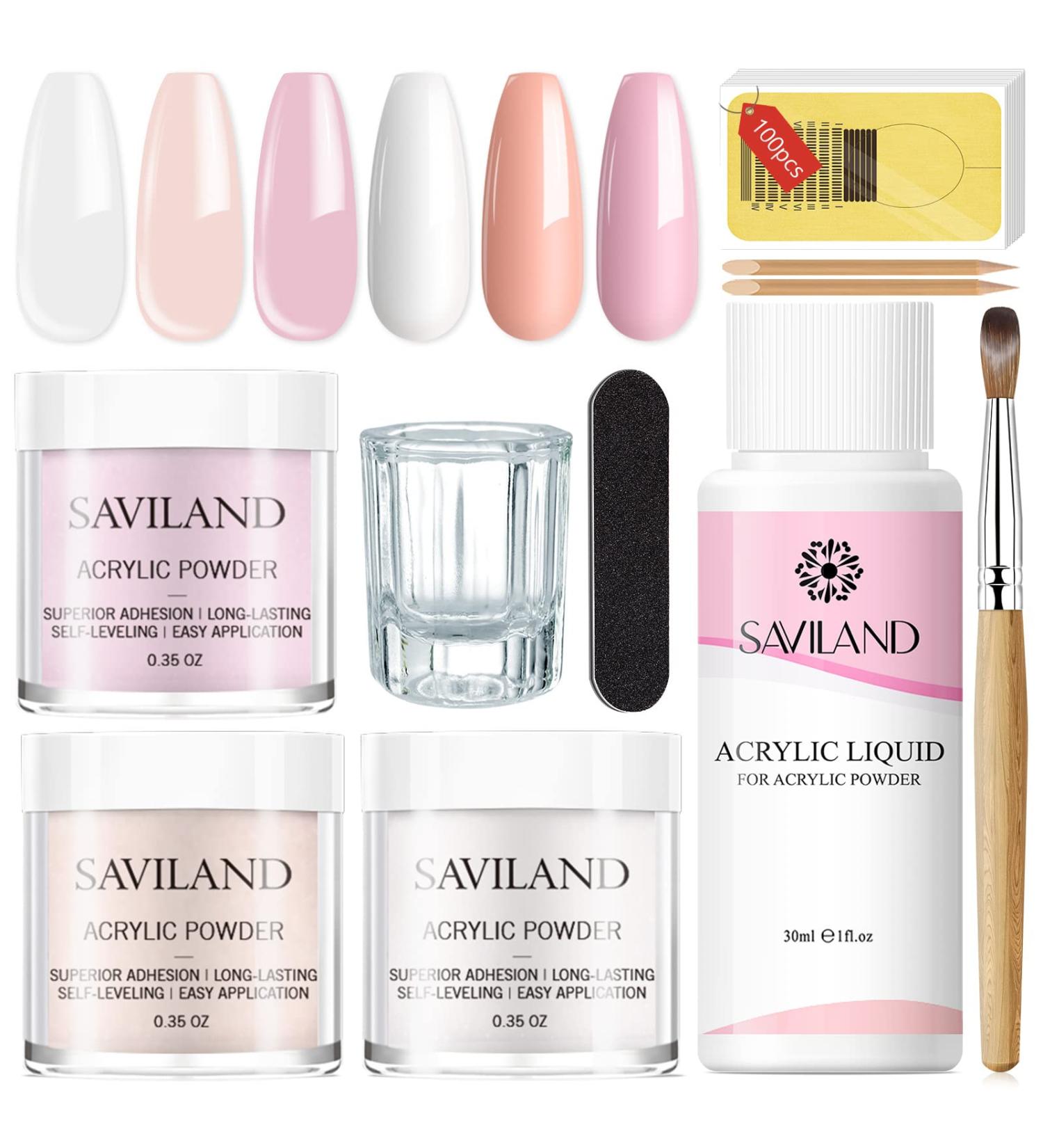 Saviland Acrylic Nail Kit Starter - Clear Pink Nude Acrylic Powder & Monomer - Complete Acrylic Nail Set for Home Practice - Press On Nails & Tools Included - Buy Online on SooperMarket.com
