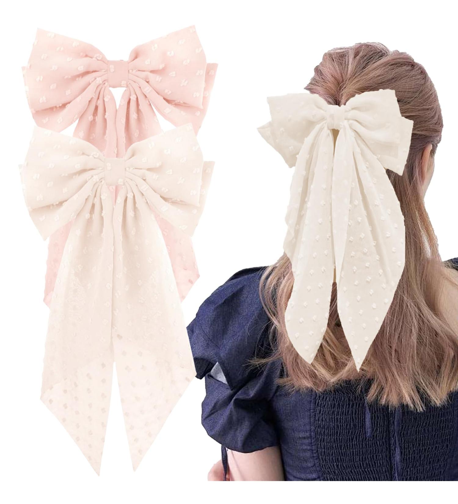 Ruzister 2 Pieces Large Hair Bows for Women Hair Bands Oversized Long Tail Cute Aesthetic Hair Accessories Large Hair Clips for Women Beige/Light Pink - Buy Online on SooperMarket.com