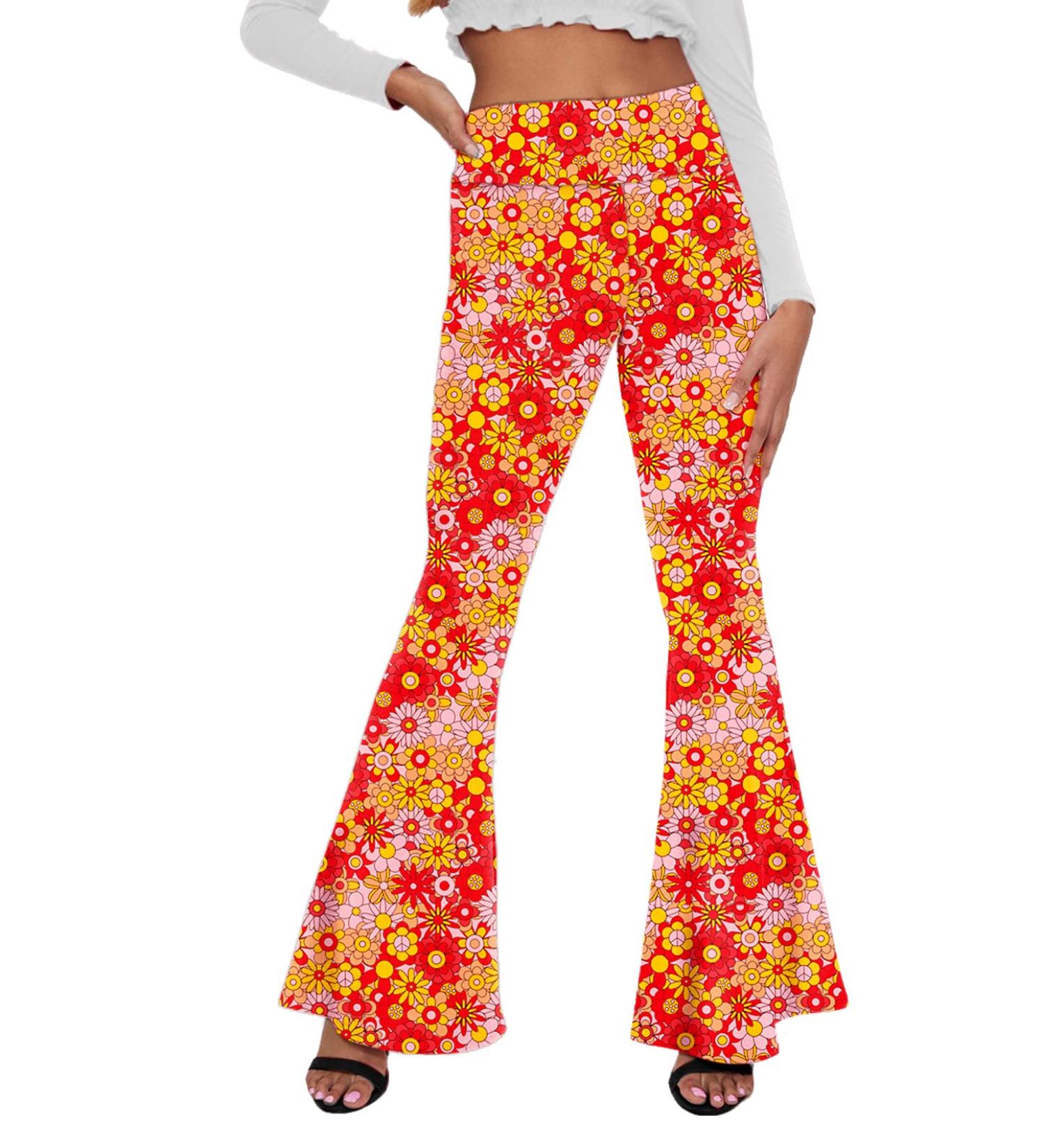 Deerose Women's High Waist Orange Floral Bell Bottom Flare Pants - Medium - Buy Online on SooperMarket.com