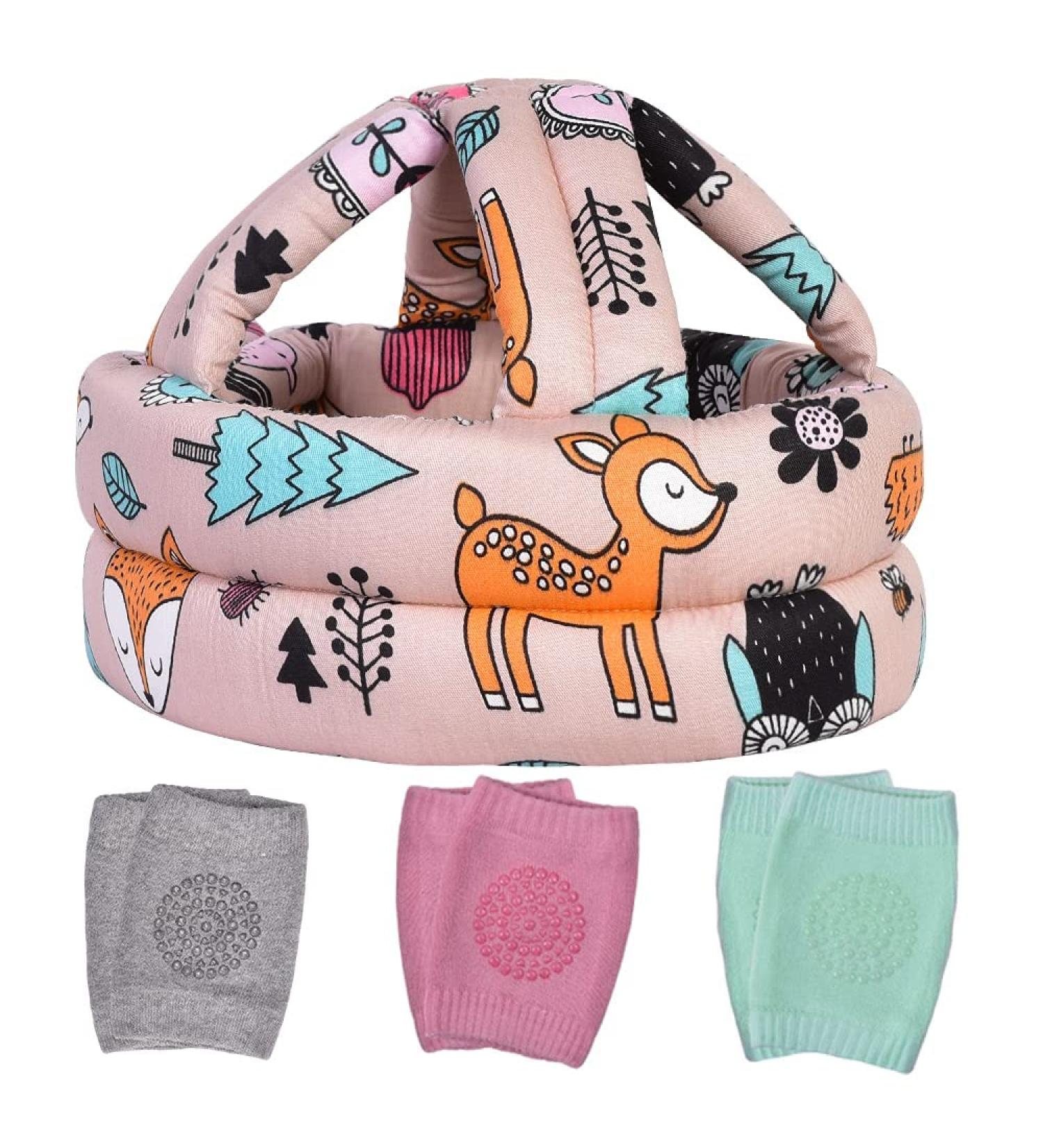 Baby Head Protector & Knee Pads Set | Infant Safety Helmet & Walking Pad Combo (Pink Forest) | Suitable for Age 6-36 Months - Buy Online on SooperMarket.com