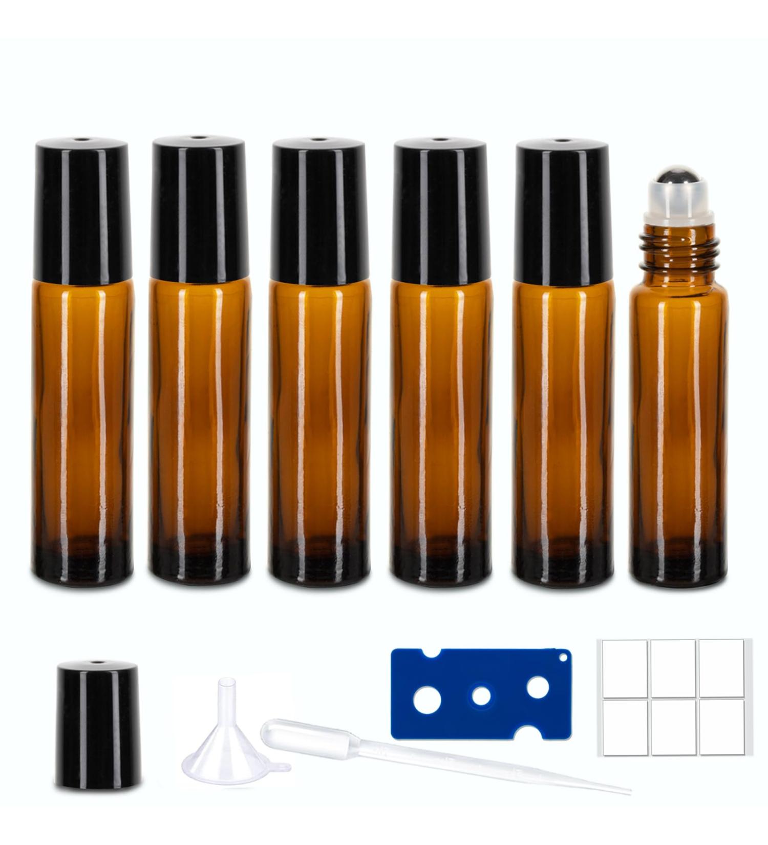 6 Pack Essential Oil Roller Bottles - 10ml Amber Glass with Stainless Steel Rollers | Includes Labels Openers Funnels & Dropper | Perfect for DIY Essential Oils - Buy Online on SooperMarket.com