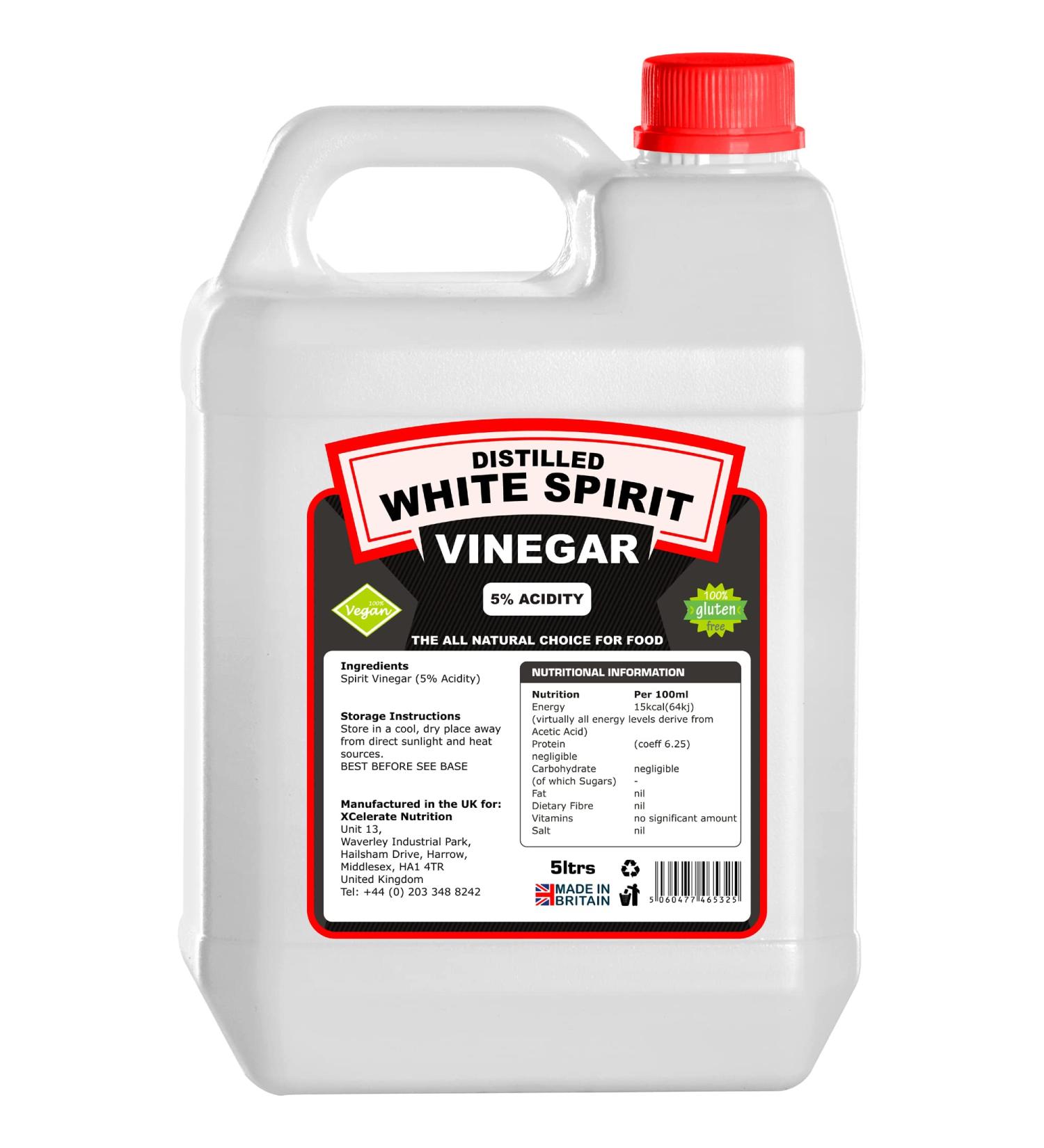 XCelerate Nutrition Distilled White Spirit Vinegar - 5 Litre (5% Acidic) for Cleaning Weed Killing Pickling Marinating & Cooking - Distilled White Vinegar - Produced in The UK (1 Pack) 5000ml 5 l (Pack of 1)