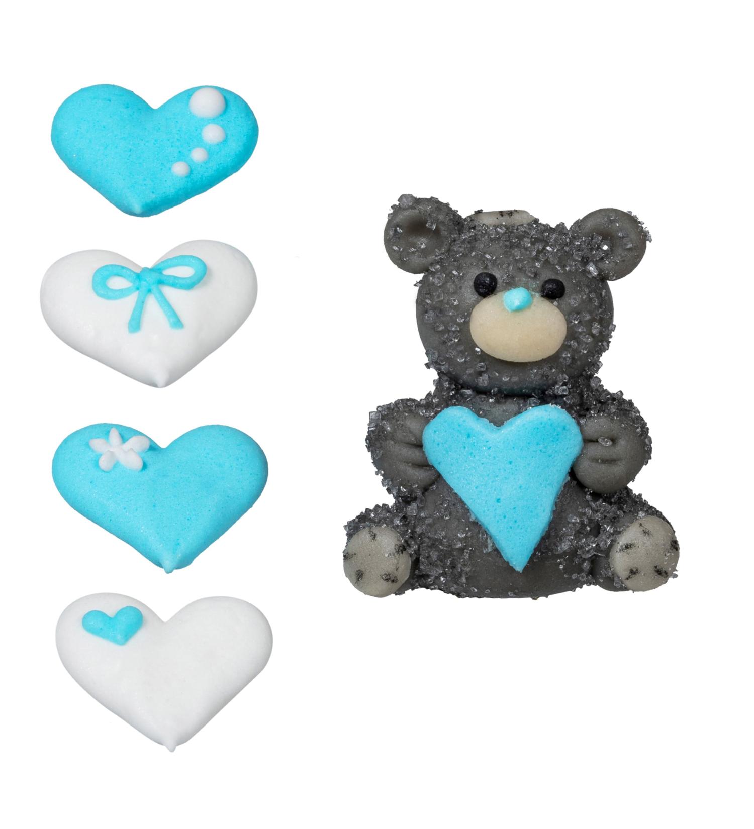 Baking Decorations 3D Baby Set in Blue Pack of 5 Heart Motifs & a Bear Sugar Figure as Sugar Decoration for Baking Cupcakes & Muffins Ideal for Baby Showers & Gender Reveal Parties - Buy Online on SooperMarket.com