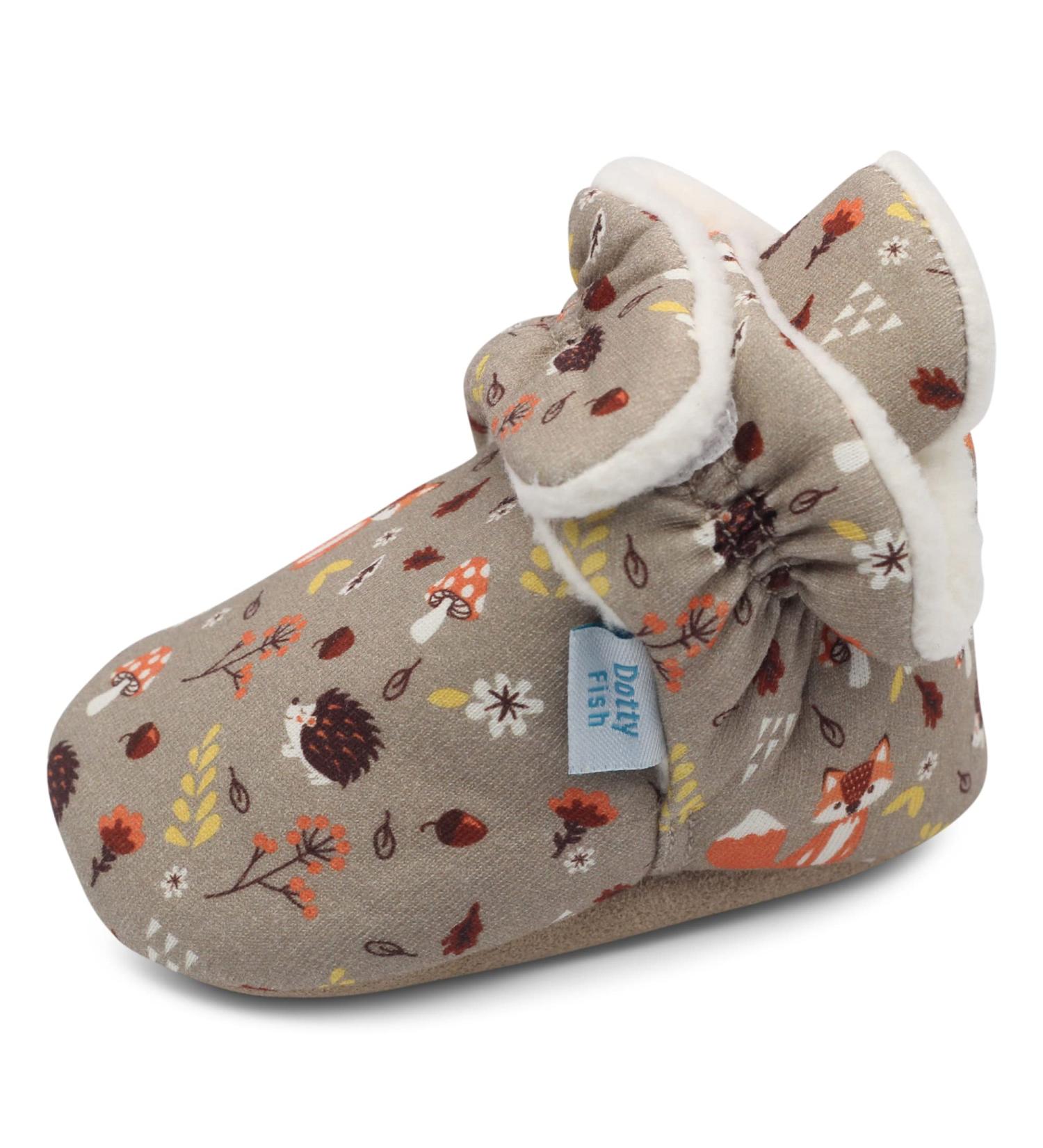 Dotty Fish Cotton Baby Booties | Suede Sole, Fleece Lining, Non-Slip Pram Shoes | Stay On Slippers for Boys, Girls, Unisex | Winter First Shoes (12-18 Months, Brown Woodland Animals) - Buy Online on SooperMarket.com