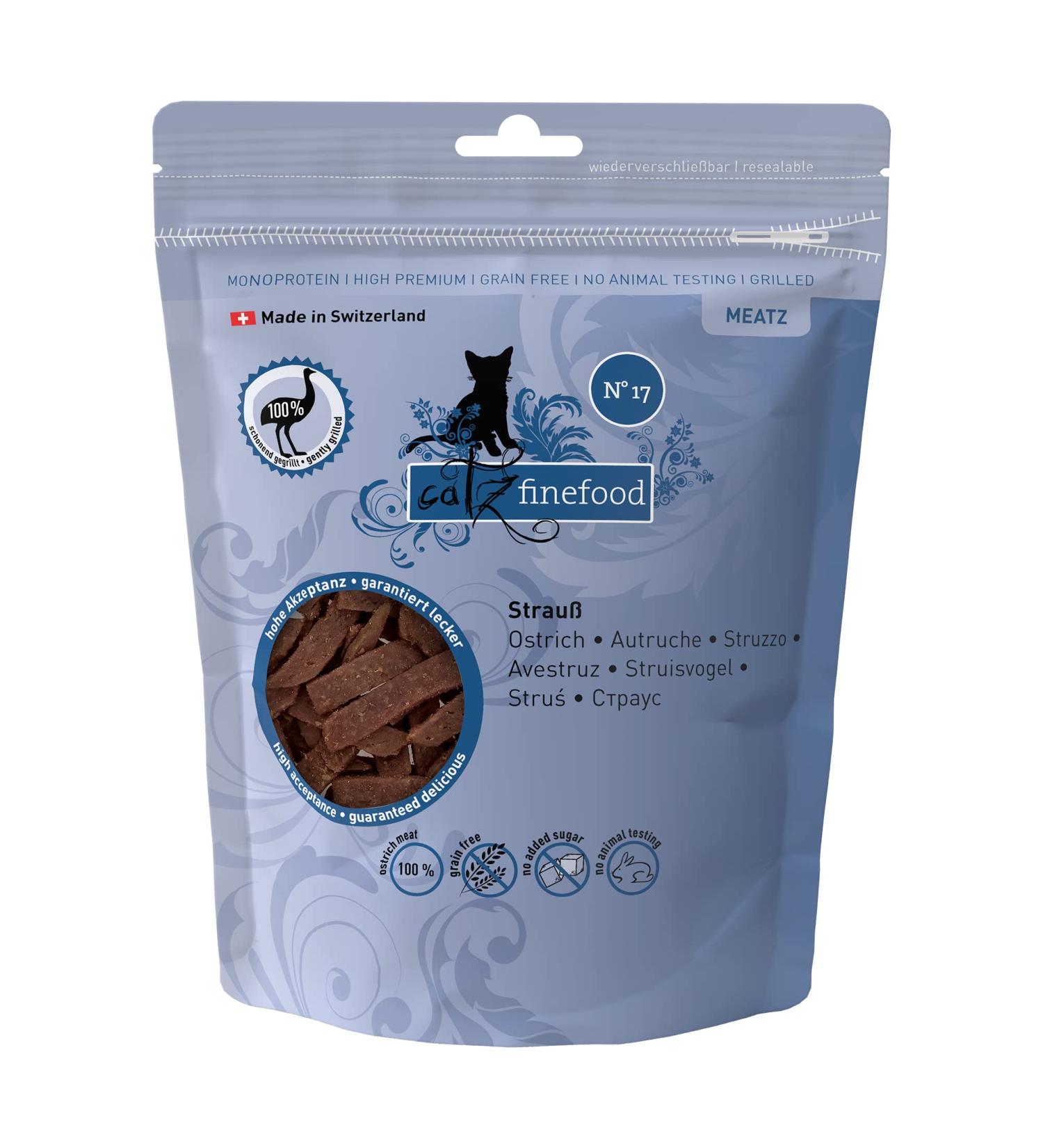 Catz Finefood MEATZ CATTIONS Strauss N 17 - 100% Ostrich Meat Cat Snack - Grain-Free Sugar-Free Ideal for Allergies (45g) - Buy Online on SooperMarket.com