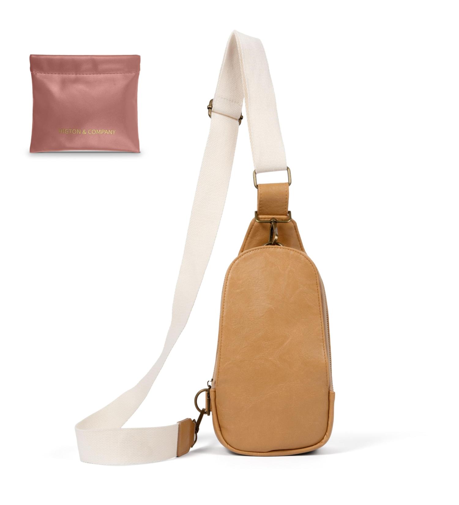 Higton Original Crossbody Diaper Bag - Small Compact Light Brown with Ivory Strap | Organized & Stylish for Parents - Shop Now! - Buy Online on SooperMarket.com