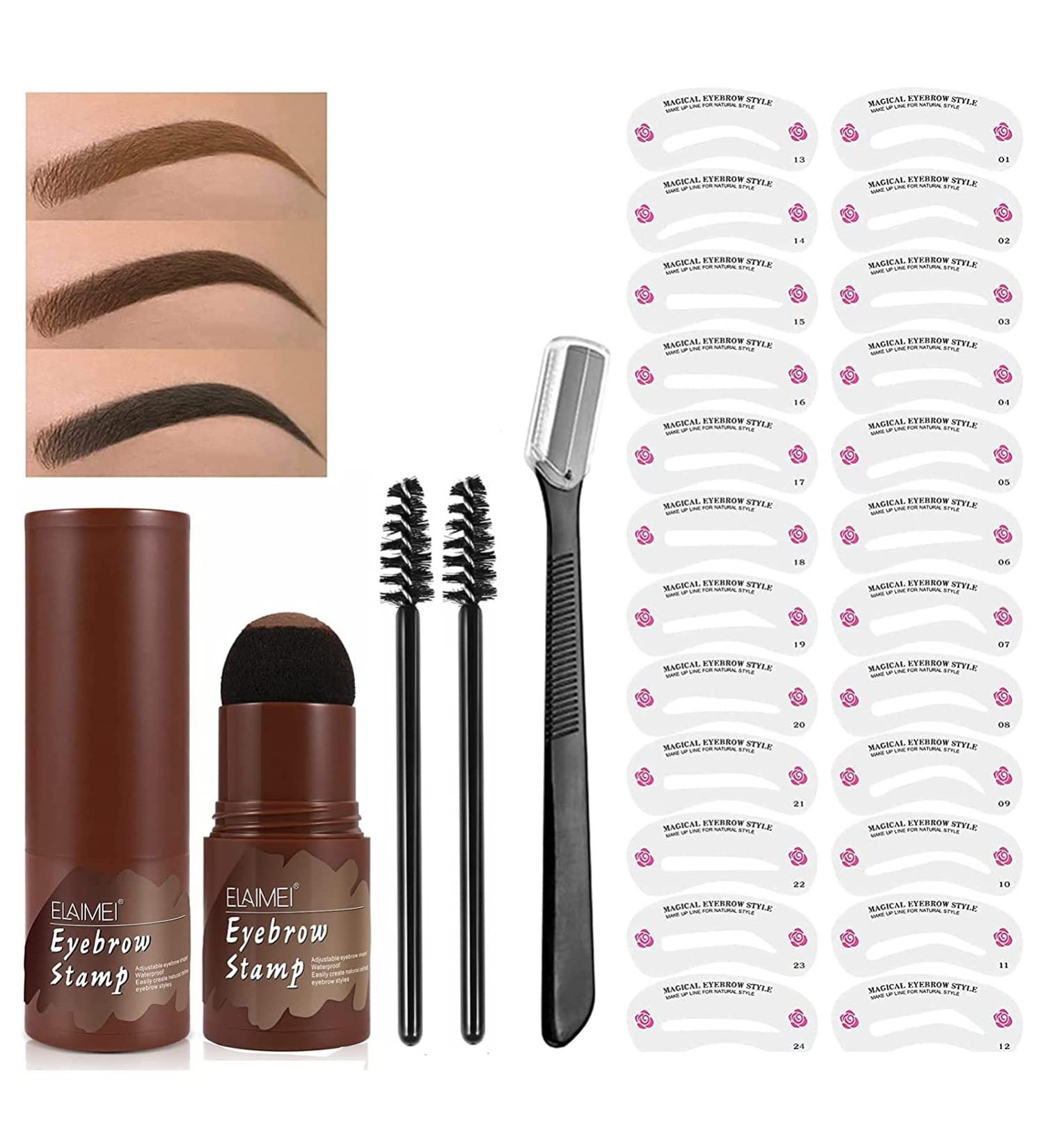 Waterproof Eyebrow Stamp Stencil Kit - 24 Stencils, Brush, Trimmer (Dark Brown) - Buy Online on SooperMarket.com