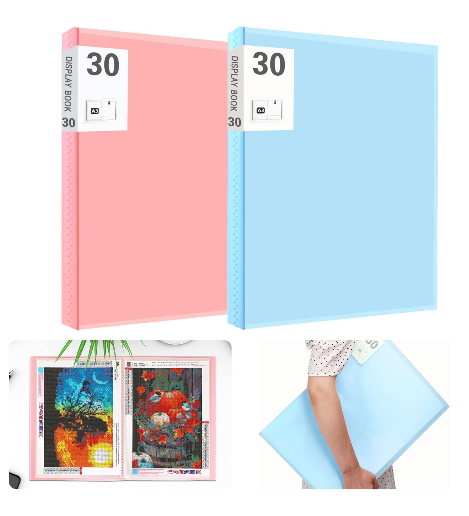 UPINS A3 Diamond Painting Storage Book 2Pack - 30 Pages Portfolio Presentation Folder for Diamond Art Kits - Clear Pockets - 11.8 X 15.7 inches - Blue and Pink - Buy Online on SooperMarket.com