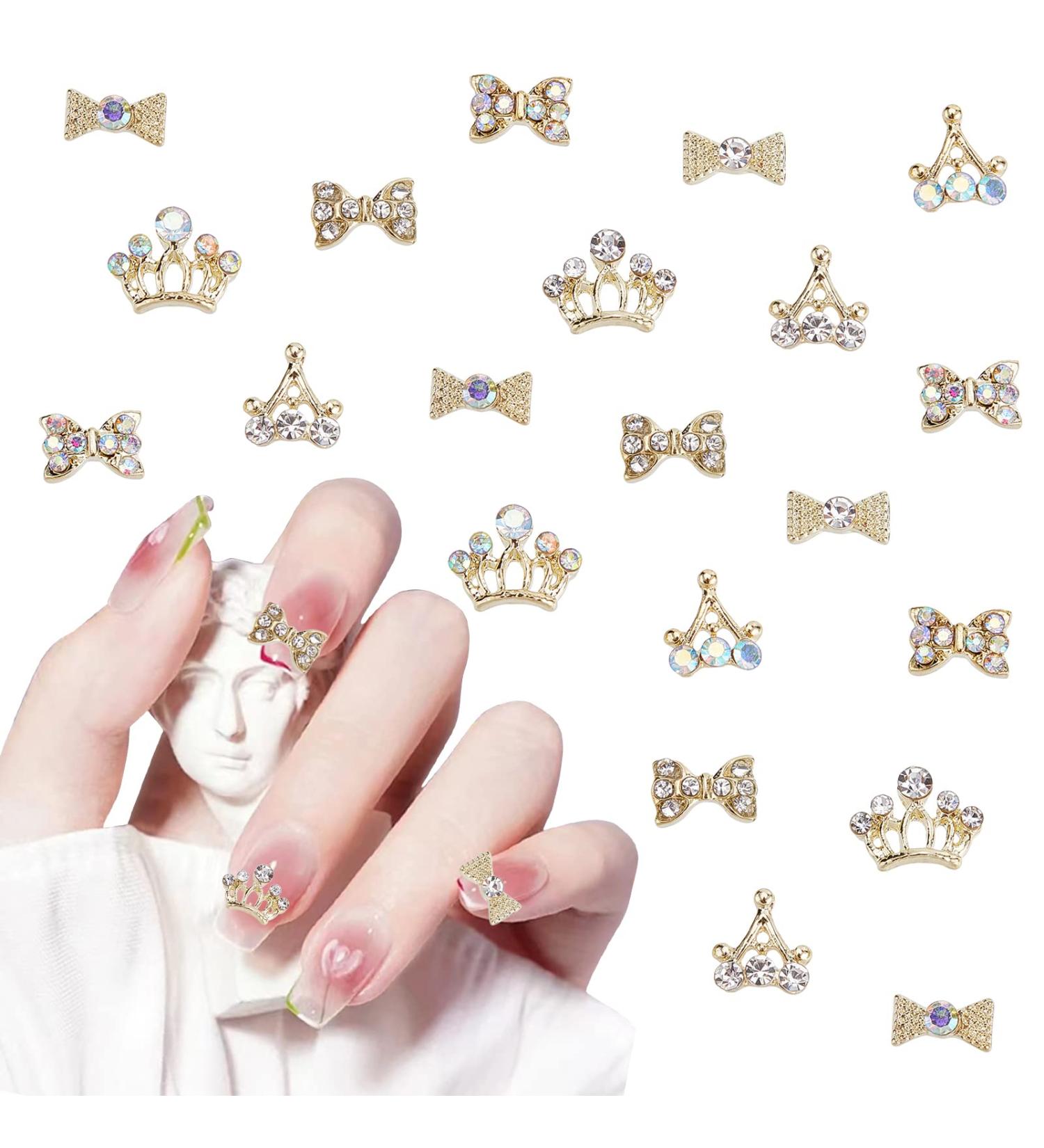 40Pcs 3D Alloy Nail Rhinestones Diamond Crown and Bowknot Charms - Luxury Gold Nail Jewelry Decorations for Women and Girls - DIY Nail Design - Buy Online on SooperMarket.com