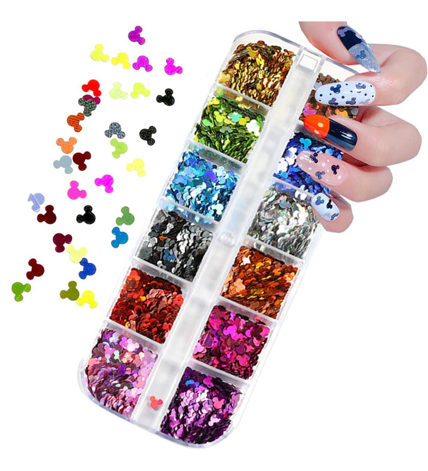 Holographic Nail Glitter Sequins 12 Colors | 3D Flake Nail Art Supplies for Decoration | Shiny Sparkle Designs for Acrylic Manicures - Mickey Charms - Buy Online on SooperMarket.com