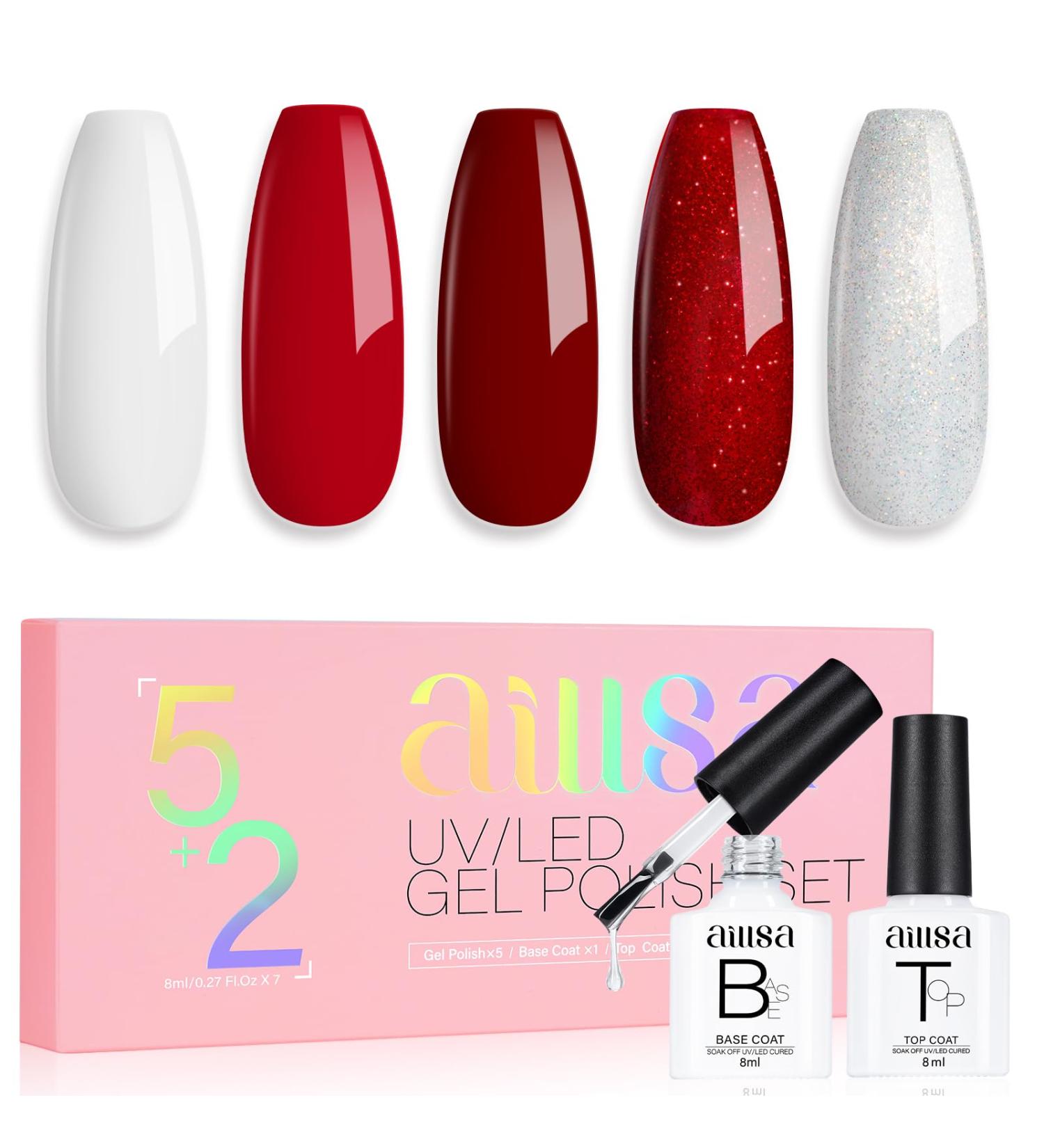 AILLSA Red Gel Nail Polish Set Burgundy Red White Sparkle Gel Polish with Base and Top Coat Valentine's Day Gift Red Sliver Glitter Nail Polish Gel Winter colors Soak Off U V Gel Starter Kit A6-candy Cane - Buy Online on SooperMarket.com