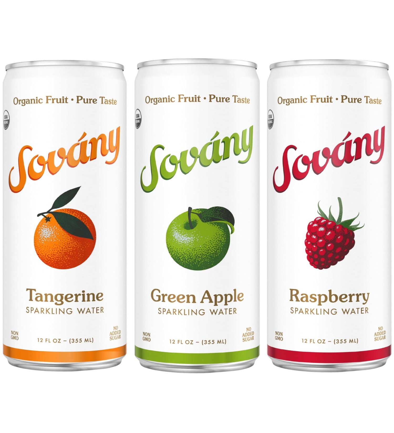 Sov ny Flavored Sparkling Water Variety Pack - USDA Organic Non-GMO Vegan Low Calorie Seltzer Drinks - Tangerine Raspberry & Green Apple - Best Seller 12 Pack 12 fl oz - Buy Online on SooperMarket.com