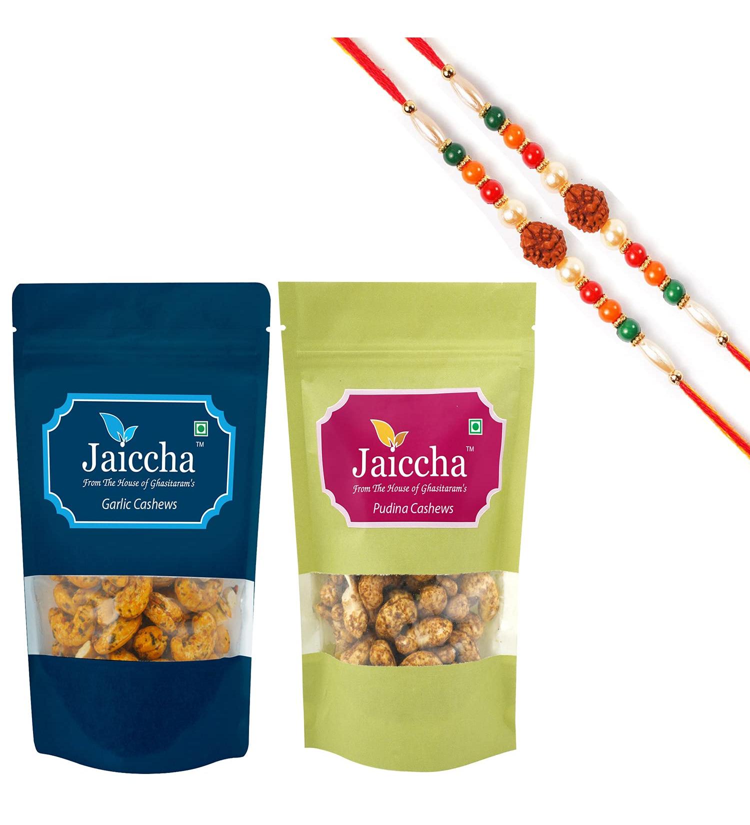 Jaiccha Ghasitaram Rakhi Gifts for Brothers Rakhi Dryfruits - Pack of 2 Garlic Pudina Cashews Pouches Small 200 GMS with 2 Rudraksh rakhis - Buy Online on SooperMarket.com
