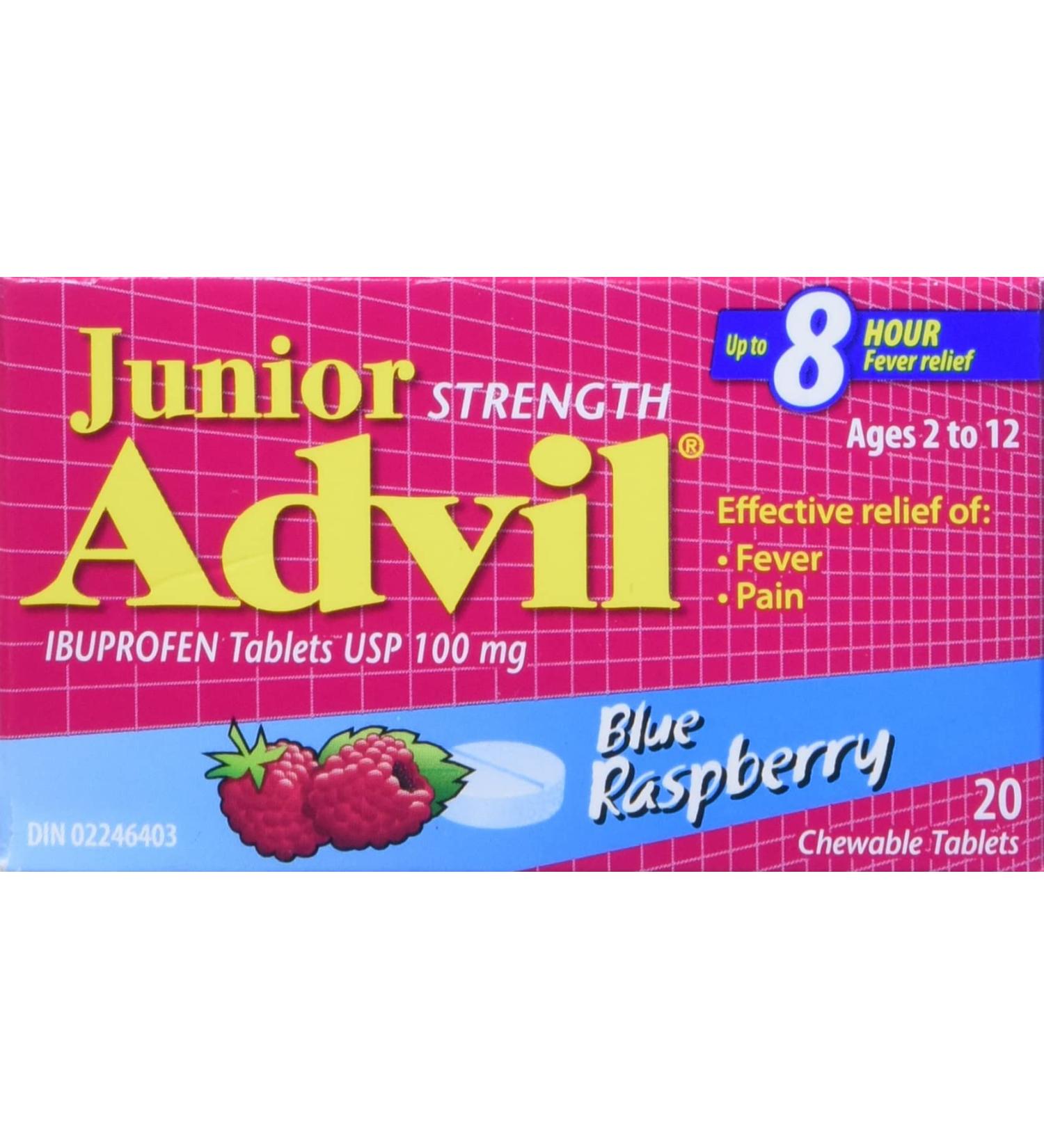 Junior Strength Advil (20 Count Blue Raspberry Flavour) Ibuprofen Chewable Tablets Fever Relief Blue Raspberry 20 Count (Pack of 1) - Buy Online on SooperMarket.com