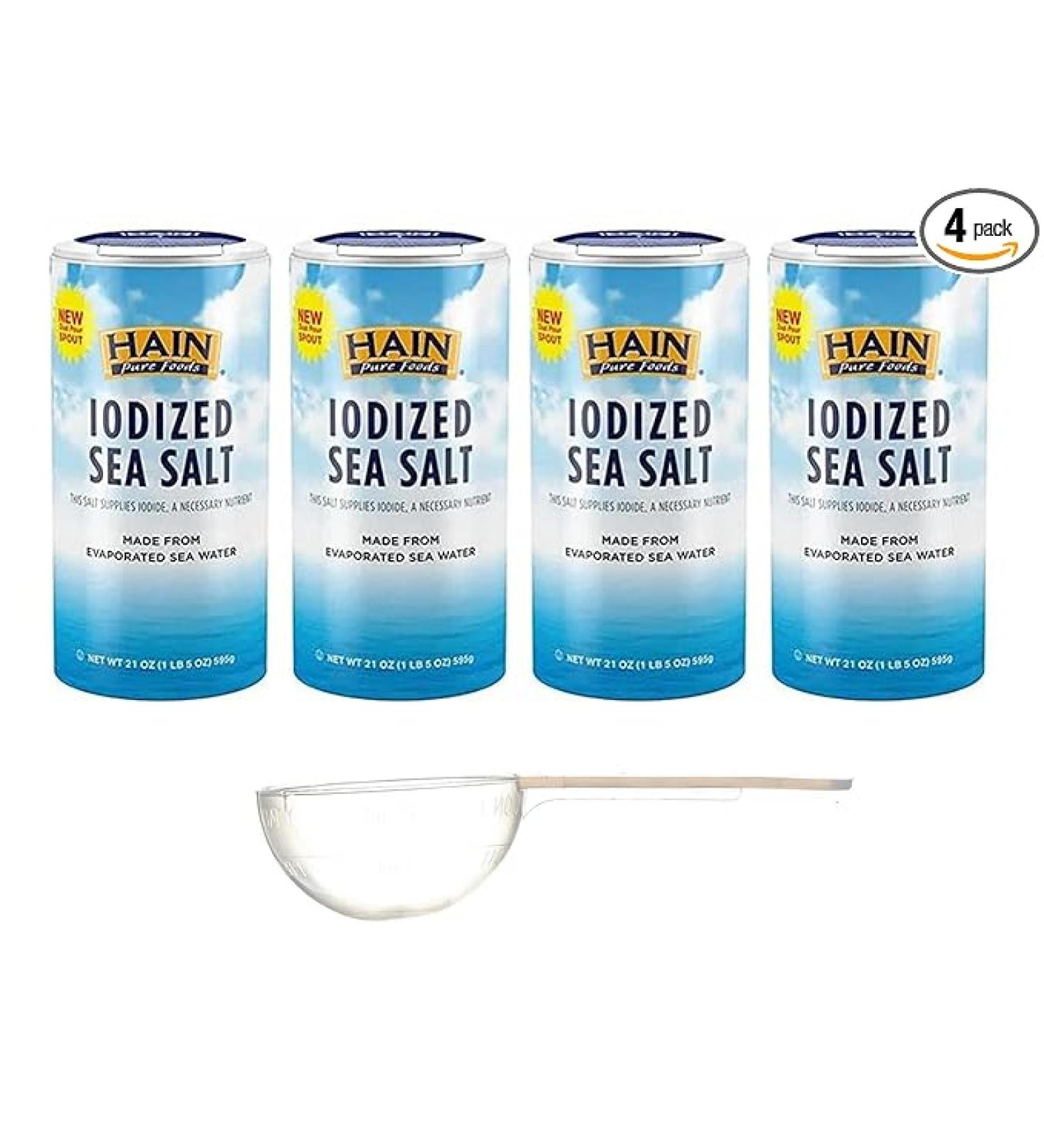 Hain Pure Foods Iodized Sea Salt 21 Oz 4-Pack + Free Measuring Spoon | 84 Oz Total | Sticker & Bubble Protection - Buy Online on SooperMarket.com