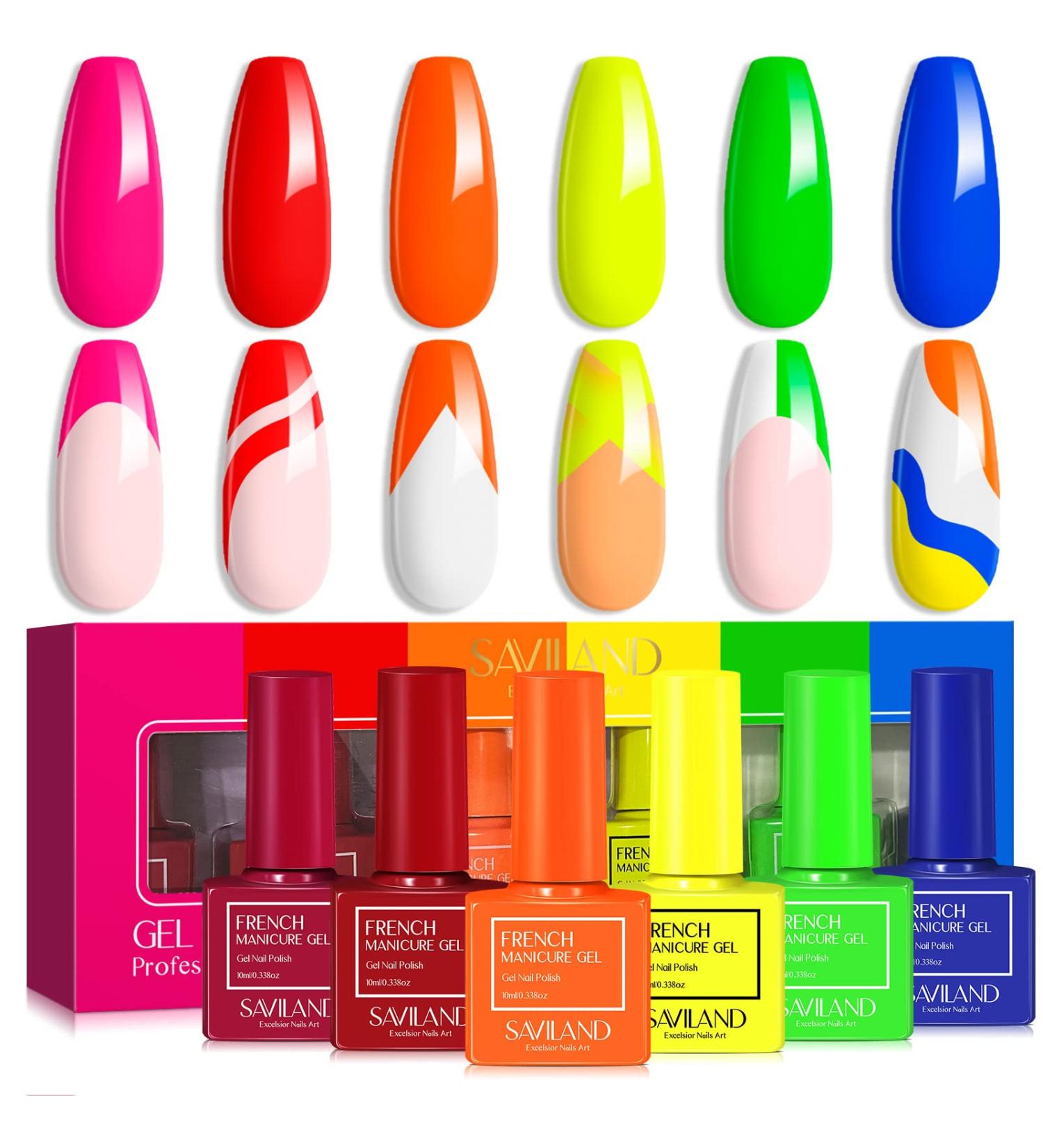 SAVILAND French Gel Nail Polish Set - 6 Spring Colors 10ML Soak Off Gel Polish Kit for Salon Quality French Tip Manicures - Orange, Yellow, Green, Hot Pink, Blue - Perfect for Home DIY Nail Art - Buy Online on SooperMarket.com