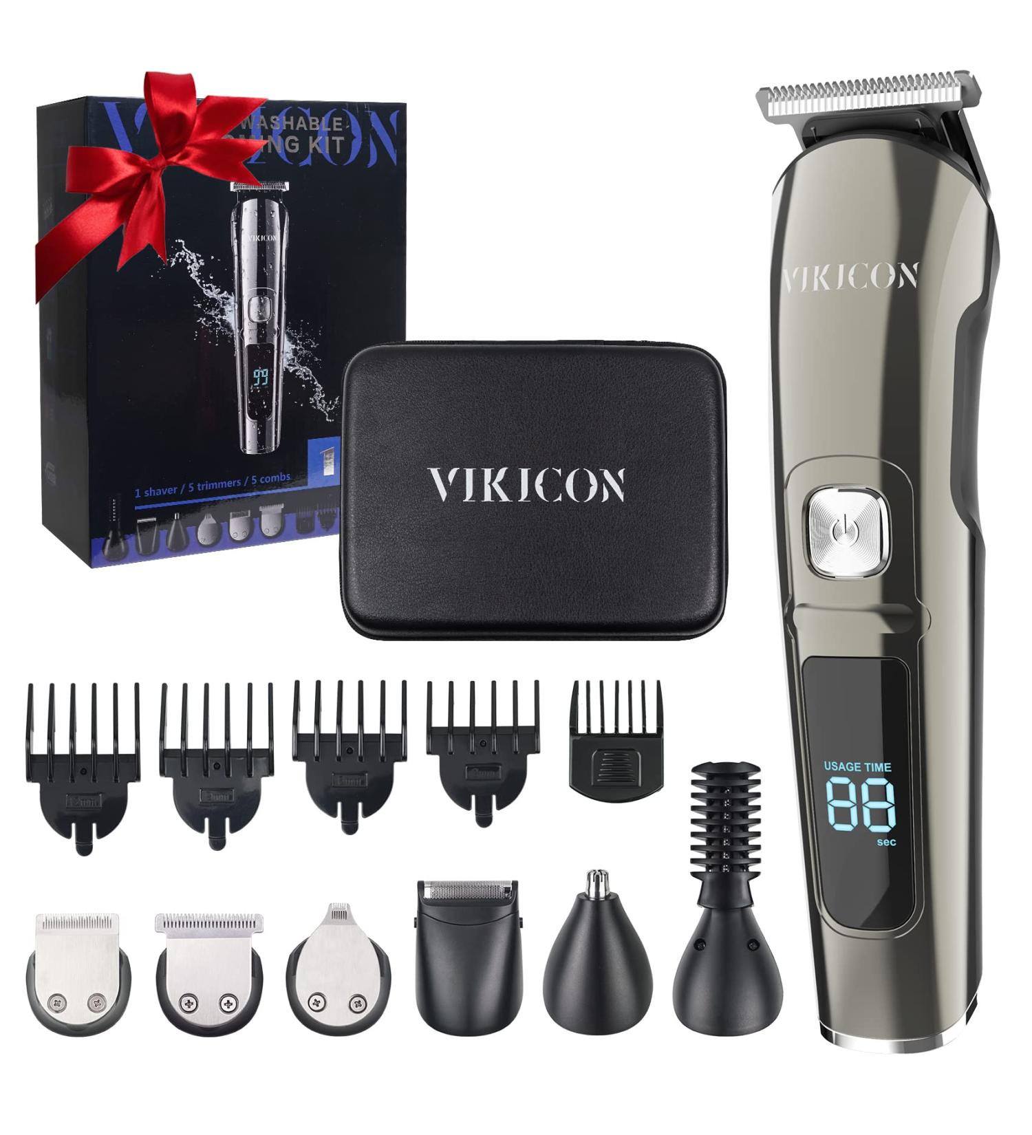 VIKICON Electric Beard Trimmer for Men - Waterproof Body Grooming Kit, Cordless Hair Clippers, Nose & Ear Trimmer - Rechargeable All in 1 Groomer & Mustache Shaver with Storage Case - Silver - Buy Online on SooperMarket.com