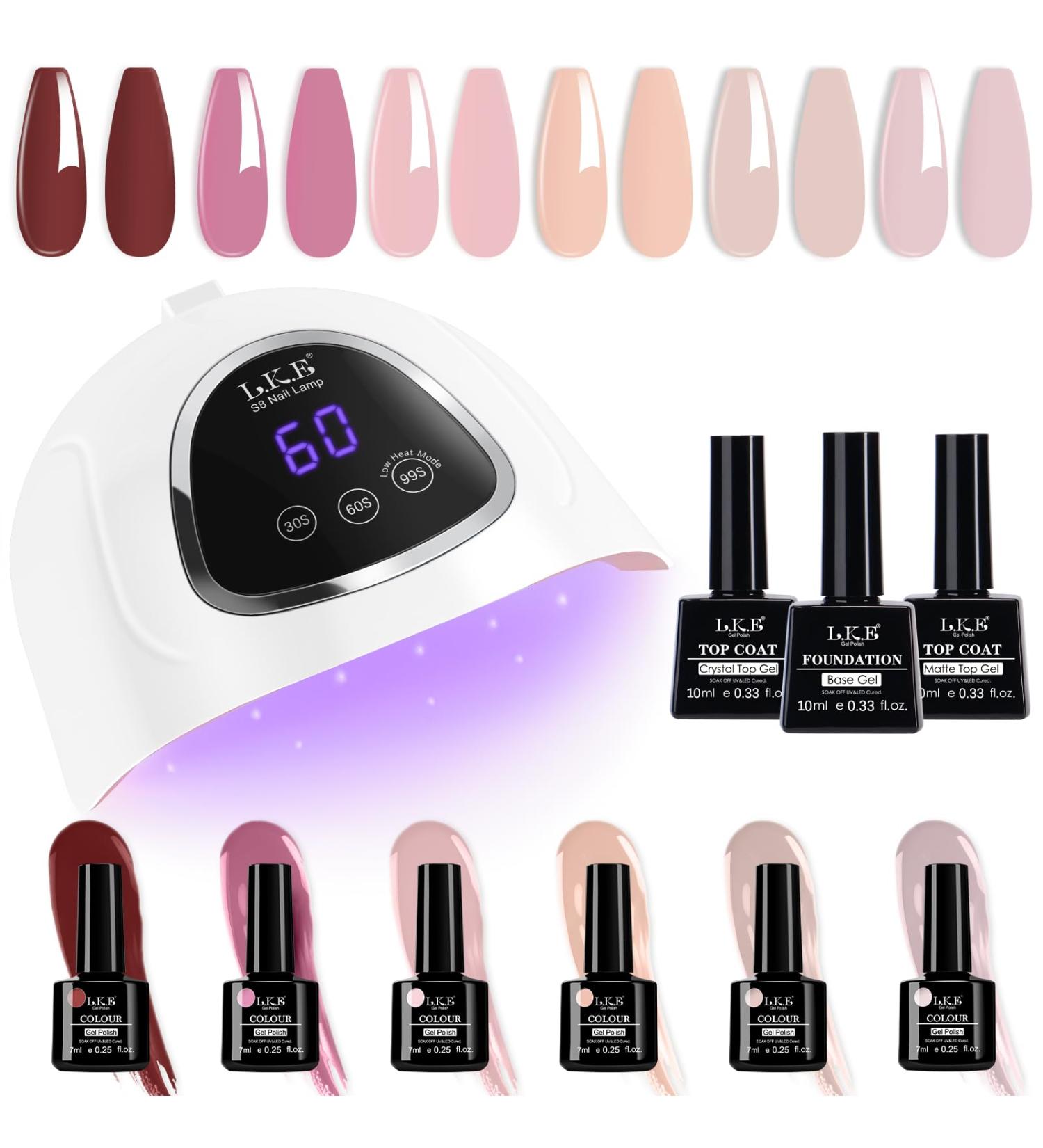 LKE Gel Nail Polish Kit with 72W UV Lamp - 6 Pink Truffle Colors, Glossy & Matte Top Coat - Manicure DIY Set for Women - Buy Online on SooperMarket.com