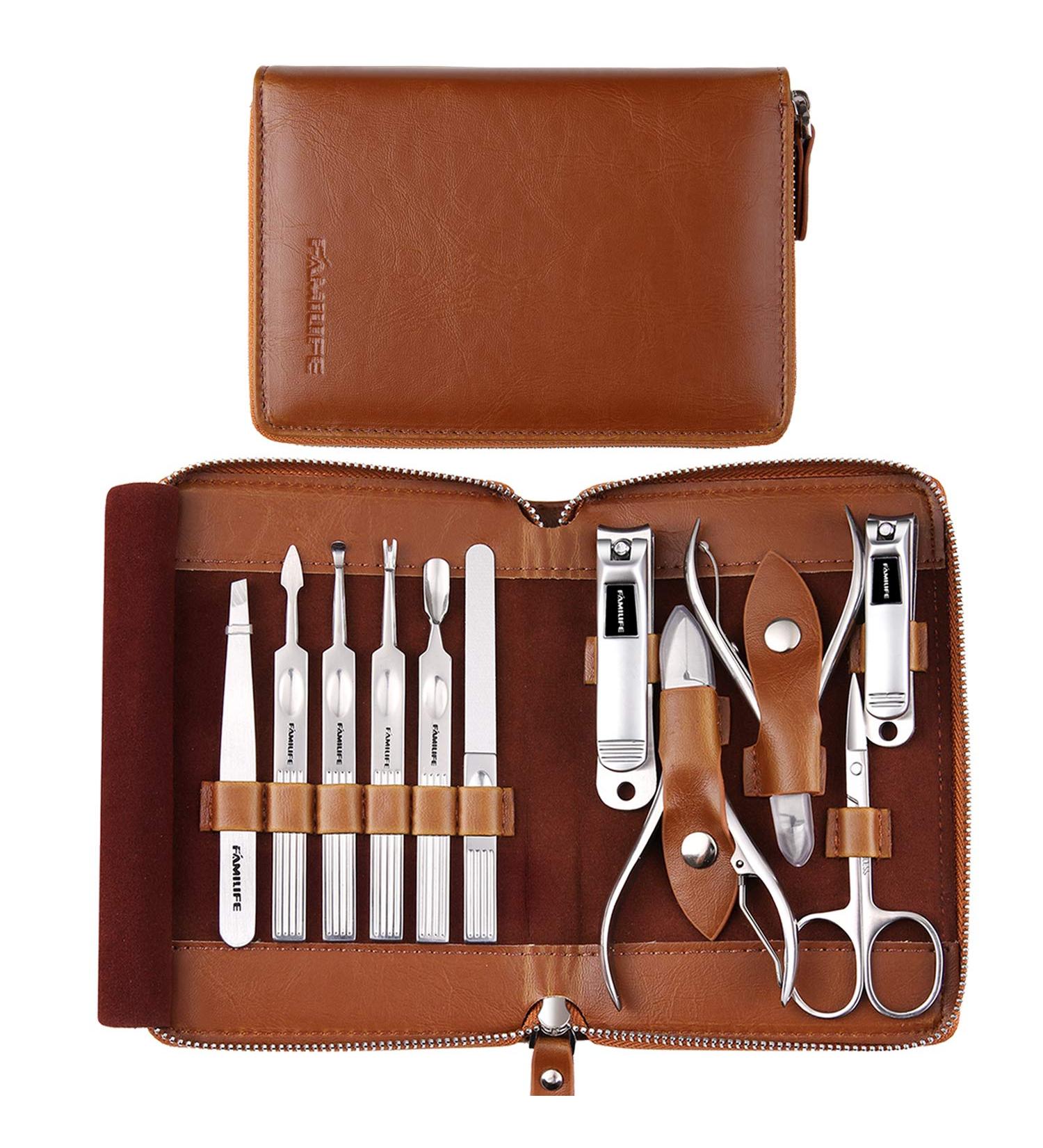 FAMILIFE Professional 11-in-1 Manicure Set with Brown Leather Travel Case - Stainless Steel Nail Clippers & Pedicure Tools Kit for Men - Luxury Grooming Gift - Buy Online on SooperMarket.com