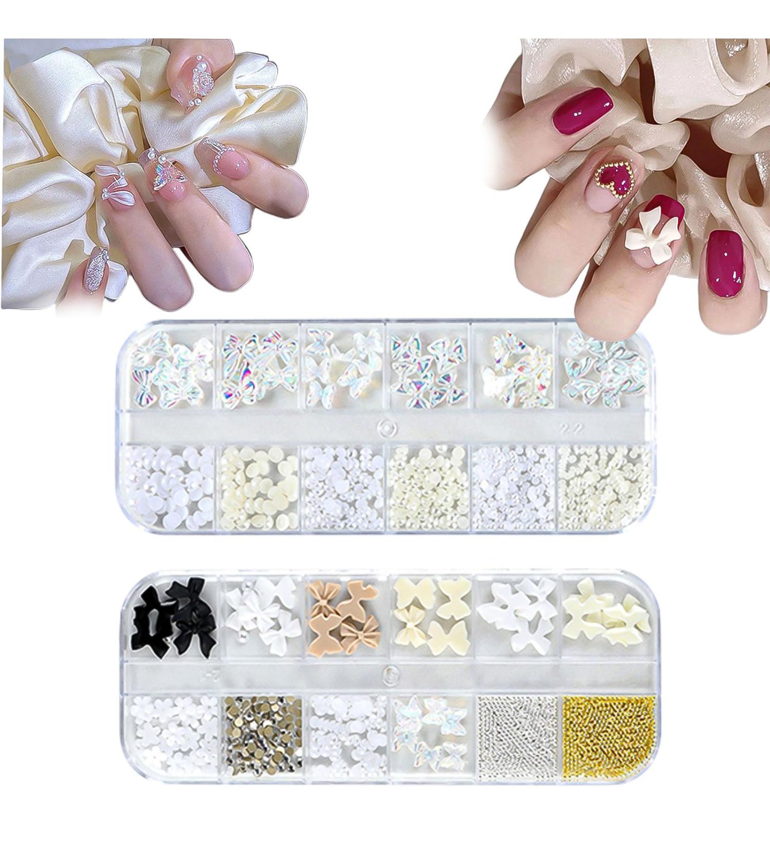 3D Nail Charms 2 Boxes Multi-Shape Aurora Bow Butterfly Flower Nail Art Charms Nail Pearls Rhinestone Caviar Beads Crystal Nail Gems for Nail Art Decoration DIY Crafts (A) - Buy Online on SooperMarket.com