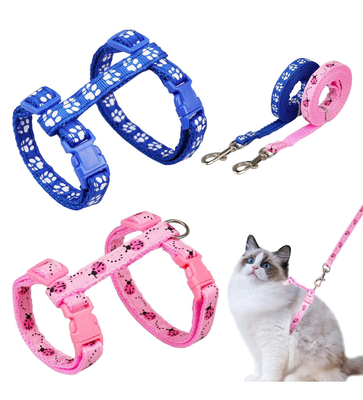 Adjustable Nylon Cat Leash Set - 2 Pieces with Lady Beetle Print & Soft Cat Dishes for Kittens Puppies & Rabbits - Pink & Blue - Buy Online on SooperMarket.com