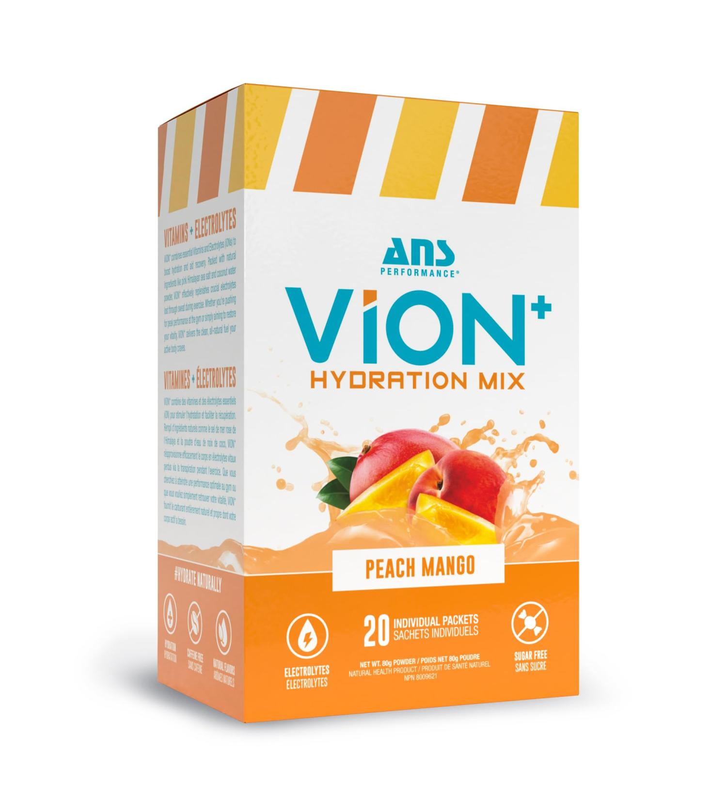 ViON+ Hydration Mix Peach Mango - Sugar-Free Electrolyte Powder with 8 Essential Vitamins - 20 On-the-Go Stick Packs for Hydration Energy & Recovery - Natural Flavors & No Artificial Colors or Dyes - Buy Online on SooperMarket.com