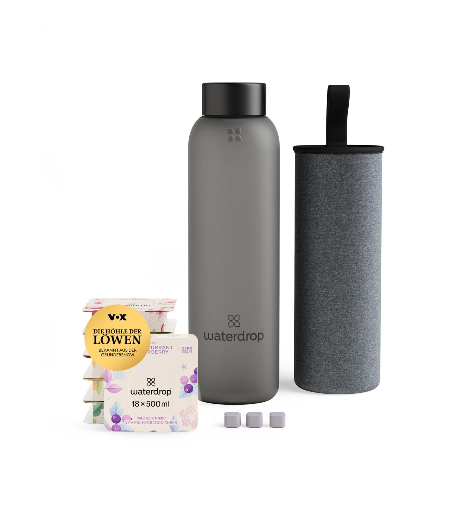 Waterdrop Starter Set Glass - 600ml Black Frosted Bottle + 18 Sugar-Free Microtrinks in 6 Fruity Varieties | Tasting Package for Refreshing Beverages - Buy Online on SooperMarket.com