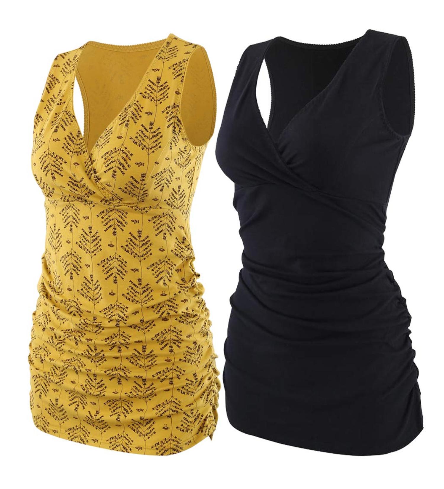 ZUMIY Maternity Nursing Top | Women's Cotton V Neck Shirt | Black+Yellow Print | Ruched Waist | Double Layer Tank - Buy Online on SooperMarket.com