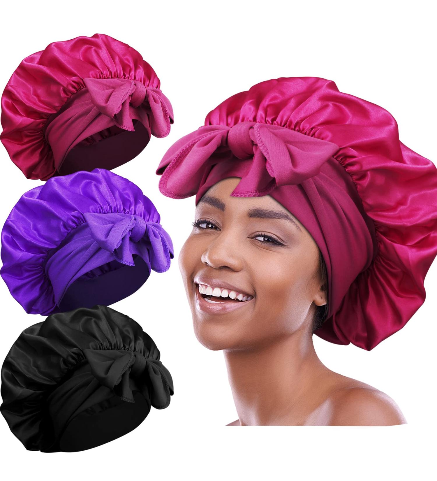 3pc Satin Bonnets for Black Women - Large Silky Bonnet Set in Black, Wine Red, Purple - Buy Online on SooperMarket.com