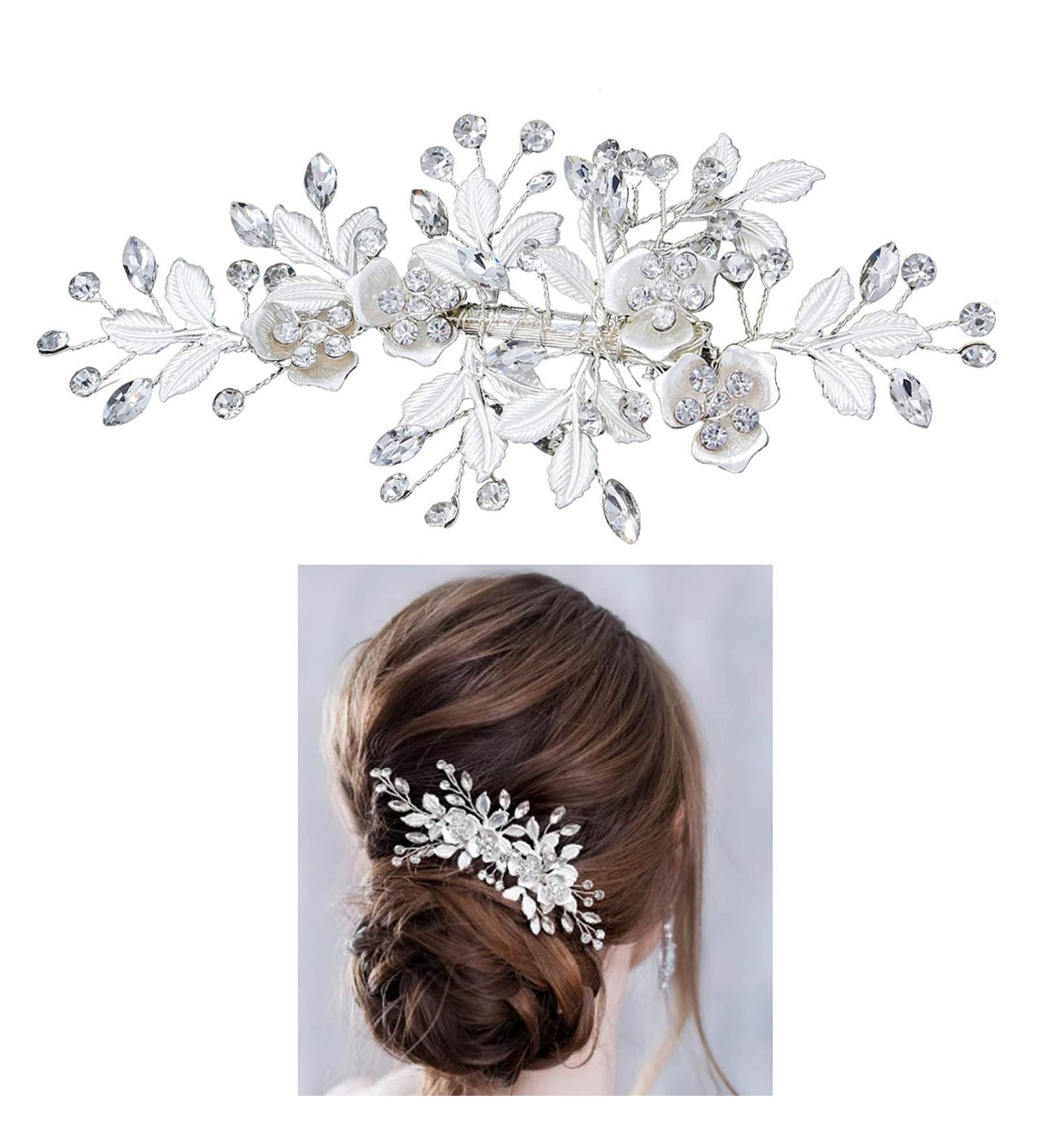 Wedding Hair Clip Rhinestone Bridal Hair Accessories Flower Hair Clip for Bride Bridesmaid Silver Handmade Flower Hair Pins Head Pieces for Women and Girls Hair Piece (Sliver) - Buy Online on SooperMarket.com