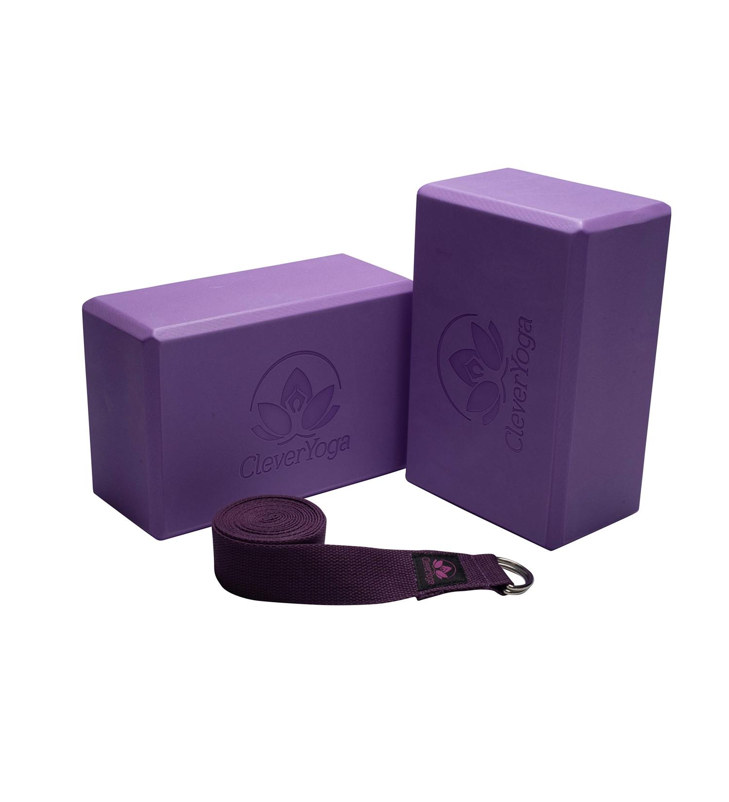 Clever Yoga 2 Pack Blocks and Strap Set - Lightweight High Density Foam Blocks (9x6x4 Inches) & 8FT Cotton Strap for Yoga Beginners - Purple - Buy Online on SooperMarket.com