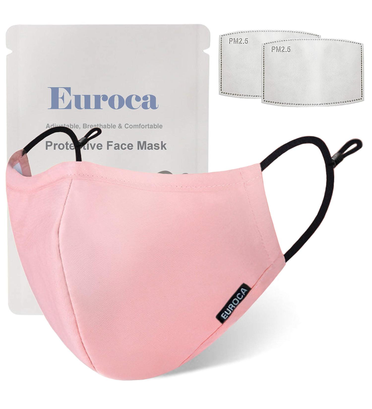 Euroca Face Masks Reusable with Filters Made from Cotton Fabric Washable With Nose Clips Adjustable Ear Loop For Men Women Teens -2 Filters Included (Baby Pink) - Buy Online on SooperMarket.com