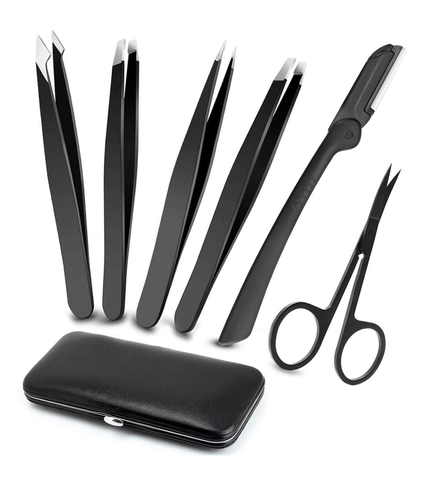 6 Piece Tweezers Set Eyebrow Tweezers Scissors Set with Stainless Steel Point Slant Flat Tip Tweezers and Eyebrow Razor and Scissors for Eyebrows Plucking Facial Body / Ingrown Hair Removal-Packed in Leather Case - Buy Online on SooperMarket.com