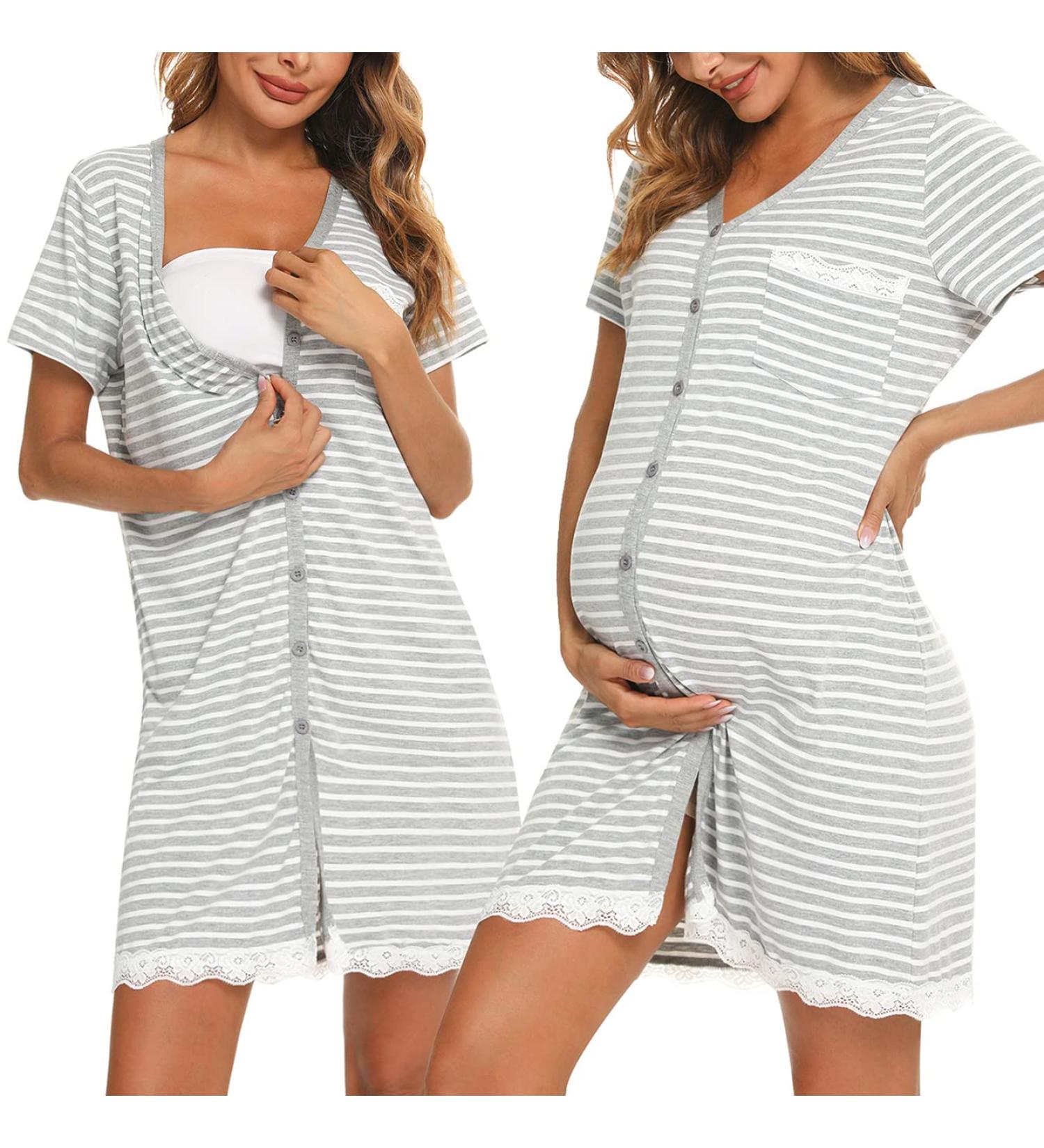 Uniexcosm Women's Maternity Nursing Nightdress - Soft Short Sleeve Nightwear in Light Grey Stripe - Buy Online on SooperMarket.com
