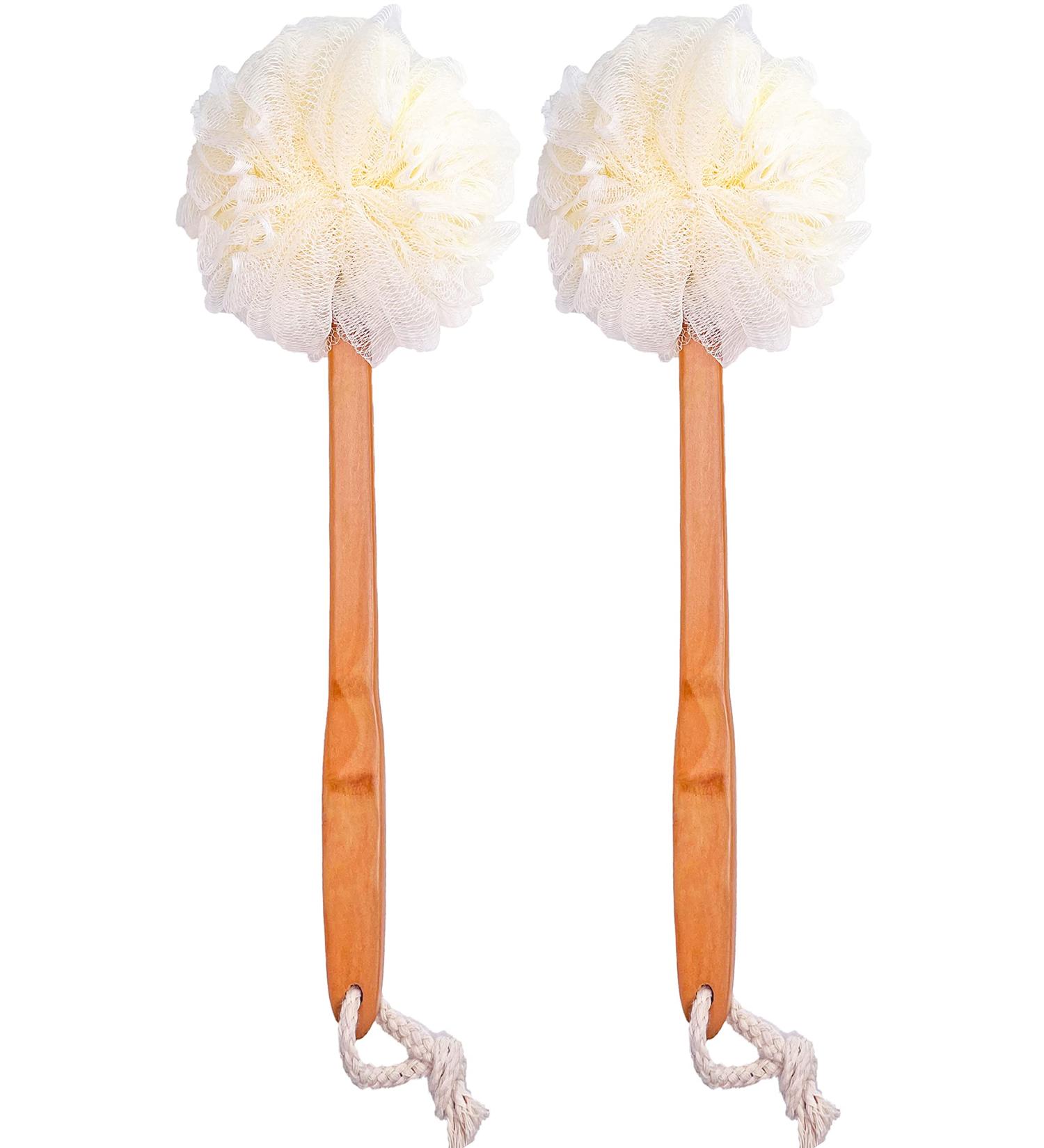 Exfoliating Shower Loofah Body & Back Scrubber with Long Wooden Handle - 2 Pack White - Men & Women - Bath Brush On a Stick - Easy Reach Lotion Applicator - Buy Online on SooperMarket.com