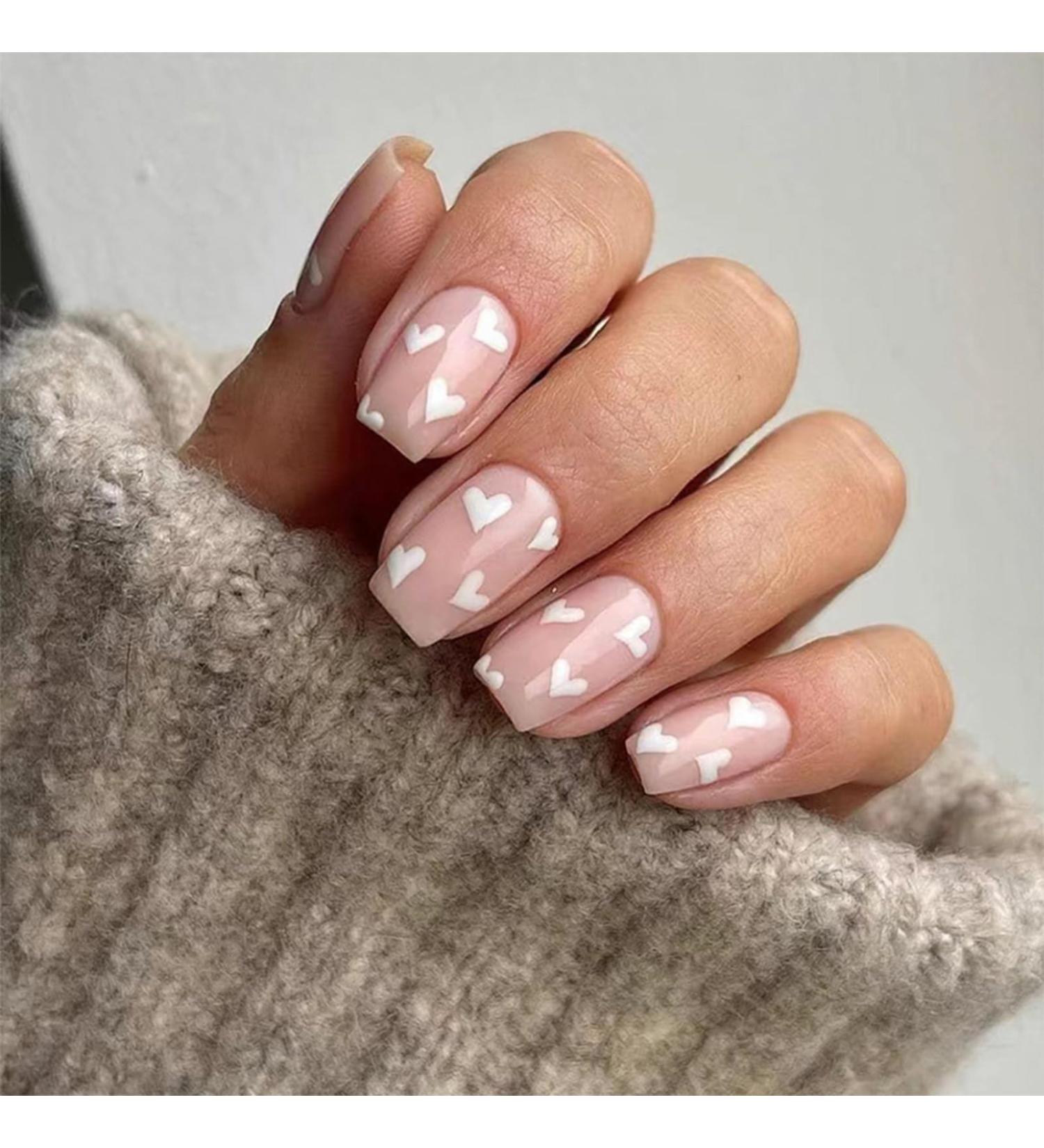 24pcs White Heart Square False Nails - Short Press on Nails for Women & Girls | Removable Glue-on Fake Nails - Nail Art Accessories - Buy Online on SooperMarket.com