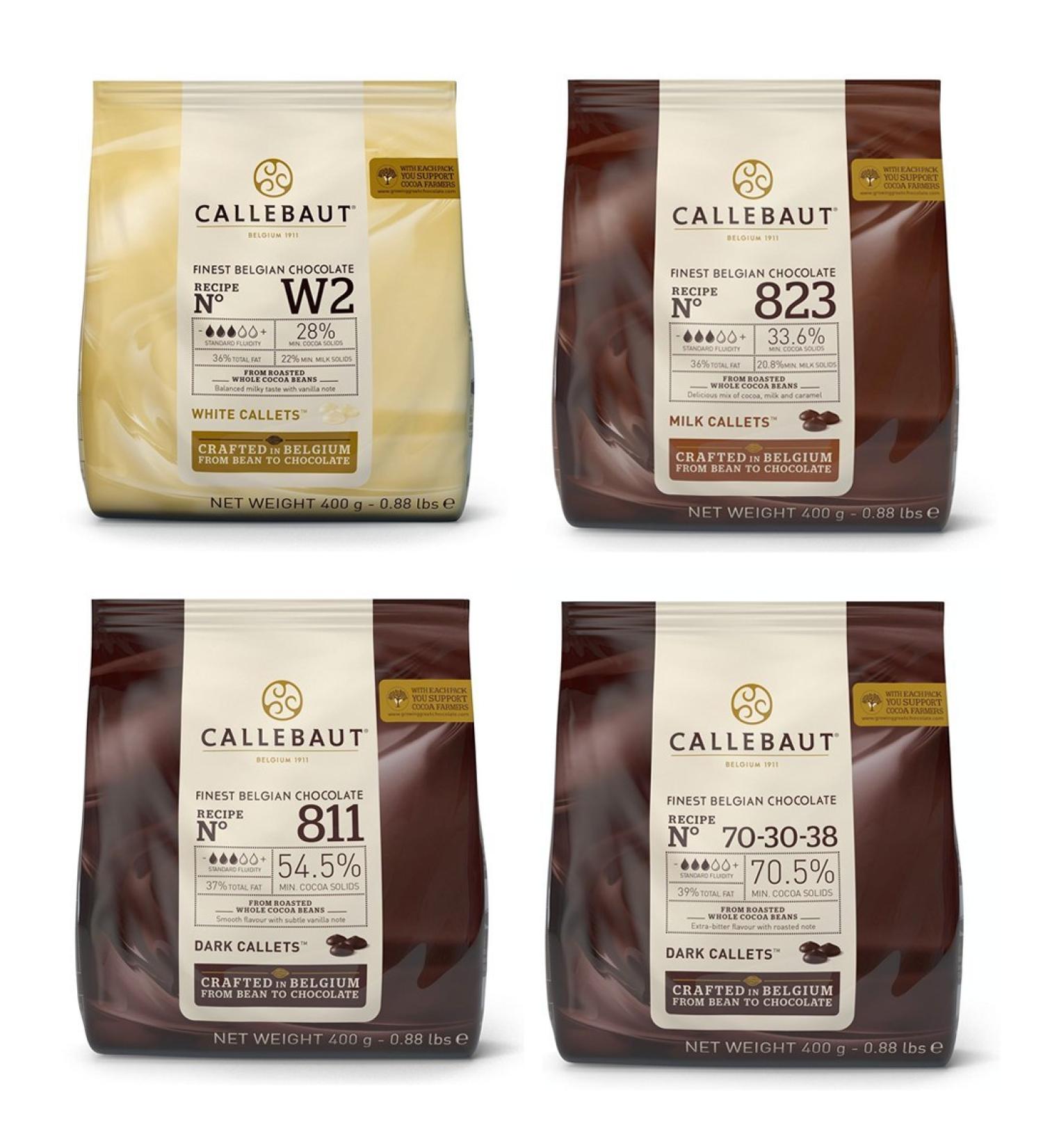 Callebaut 4 x 400g Bundle - Belgian Dark Milk & White Chocolate Couverture (Callets) - Buy Online on SooperMarket.com