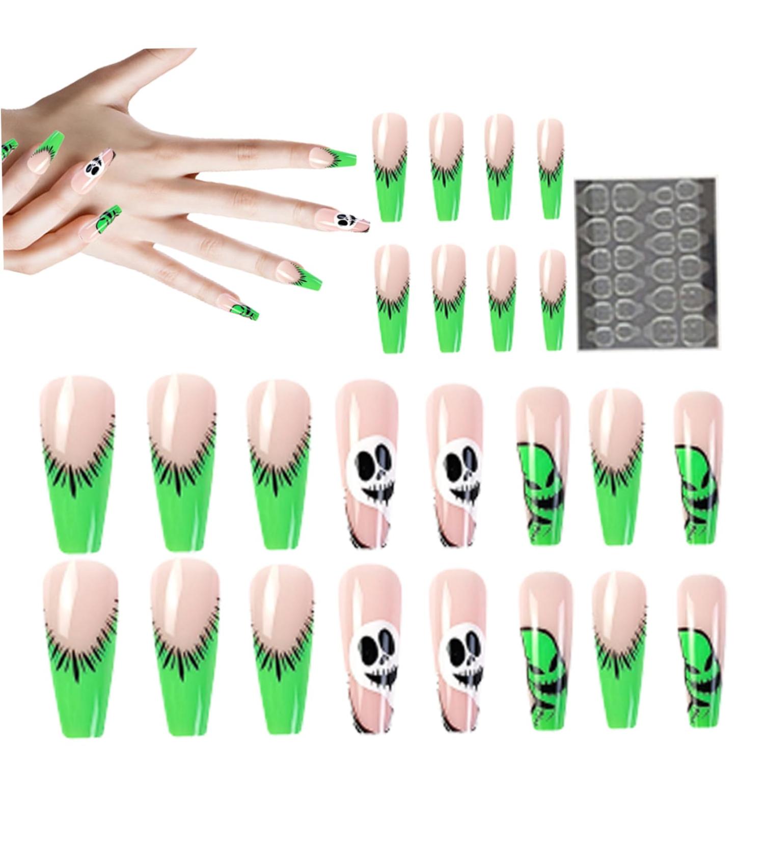 Halloween Press on Nails Halloween Press on Nails Medium Horror Ghost and Skull Halloween Fake Nails 24PCS Coffin French Tip False Nails with Gel Glue - Buy Online on SooperMarket.com
