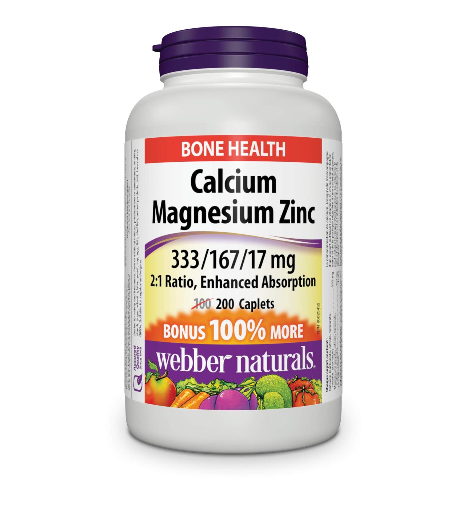 Webber Naturals Calcium with Magnesium and Zinc 200 Caplets Enhanced Absorption Helps Support Bones and Teeth Vegan SUPPLEMENT - Buy Online on SooperMarket.com