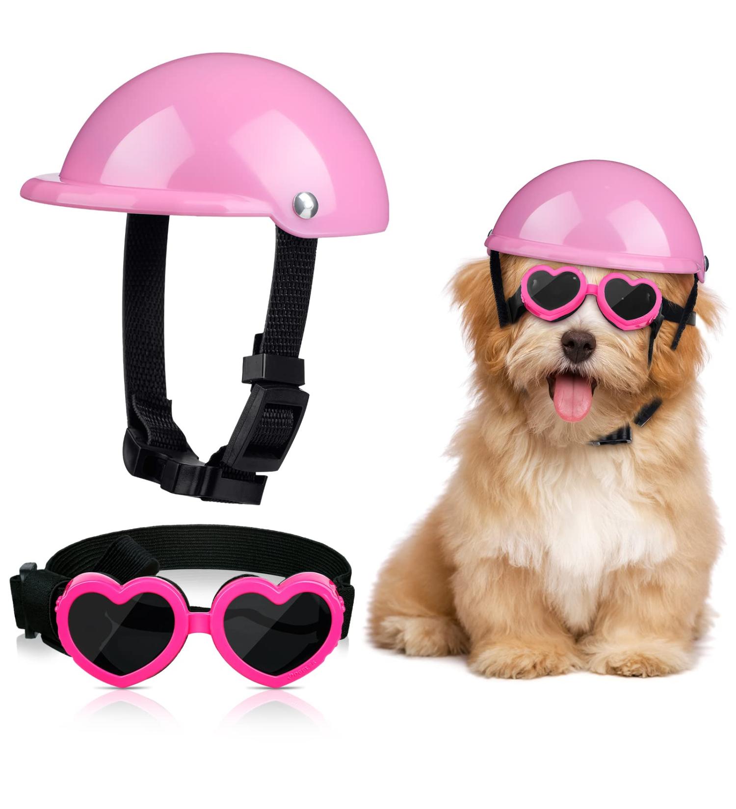 Xuniea 2 Pieces Small Dog Helmet and Goggles Puppy Sunglasses UV Protection PET Helmet with Adjustable Belt Dog Motorcycle Hard Safety Hat for Doggie Windproof Glasses Small Dog Cycling Riding(Pink) - Buy Online on SooperMarket.com