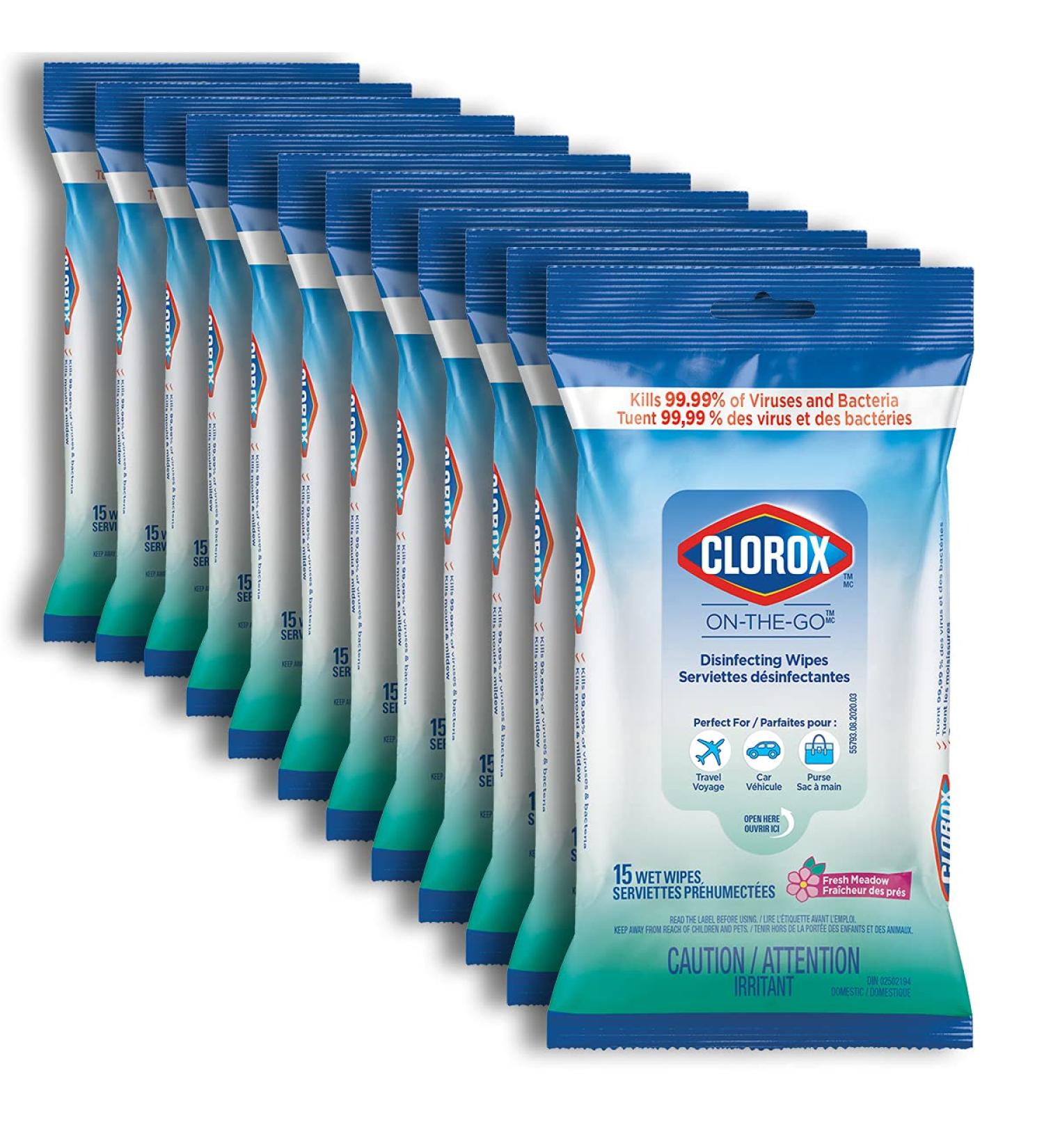 Clorox On-The-Go Disinfecting Wipes Fresh Meadow 15 Count Multi-Pack of 12 Sachets - Buy Online on SooperMarket.com