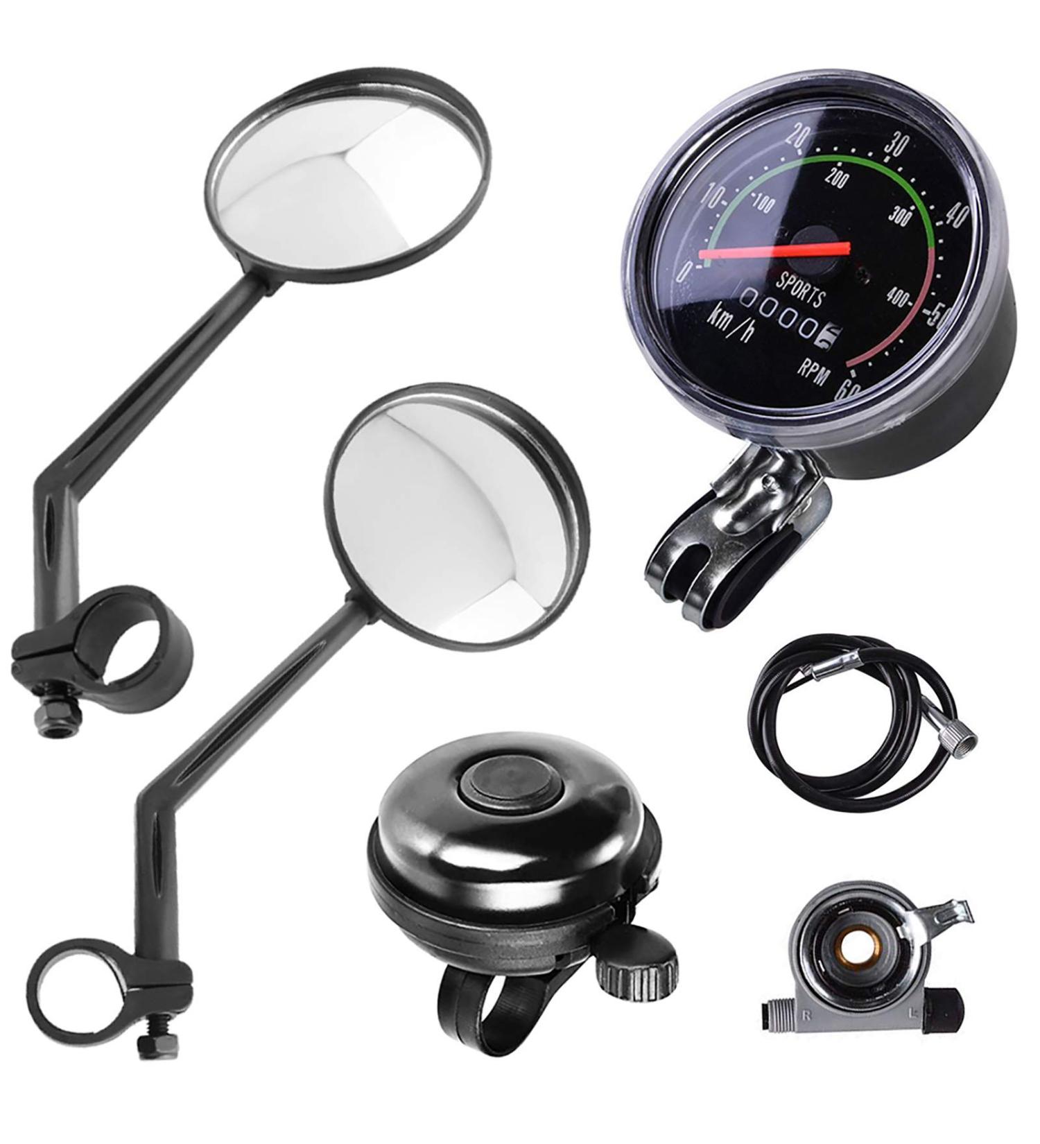 Lomodo 4 Pieces Bike Accessories Including 2 x Bicycle Rear View Mirrors 1 x Classical Old School Style Bike Speedometer Analog Odometer and 1 x Aluminum Cycling Bell for 24-27.5 Bicycle